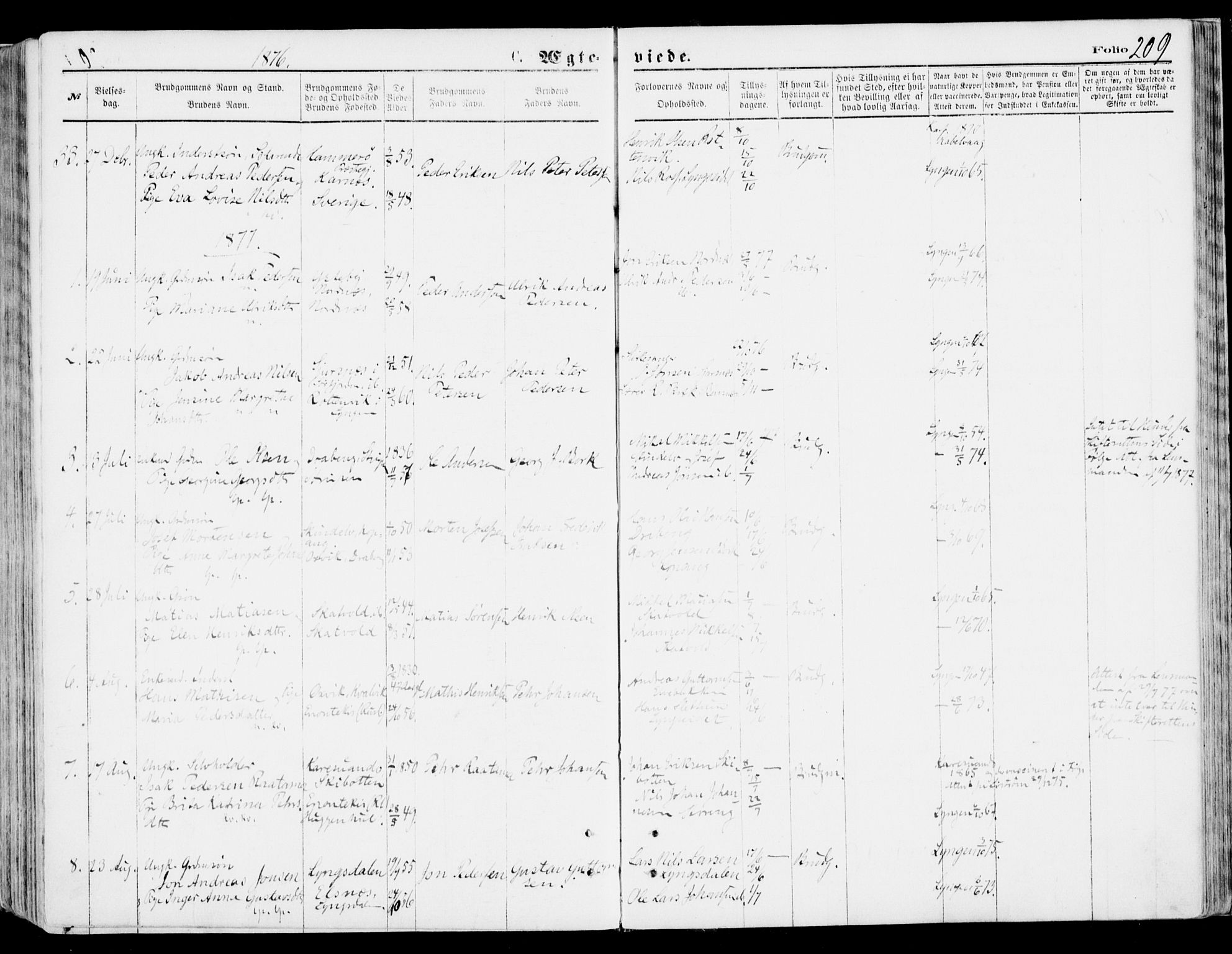 Lyngen sokneprestembete, AV/SATØ-S-1289/H/He/Hea/L0006kirke: Parish register (official) no. 6, 1870-1878, p. 209