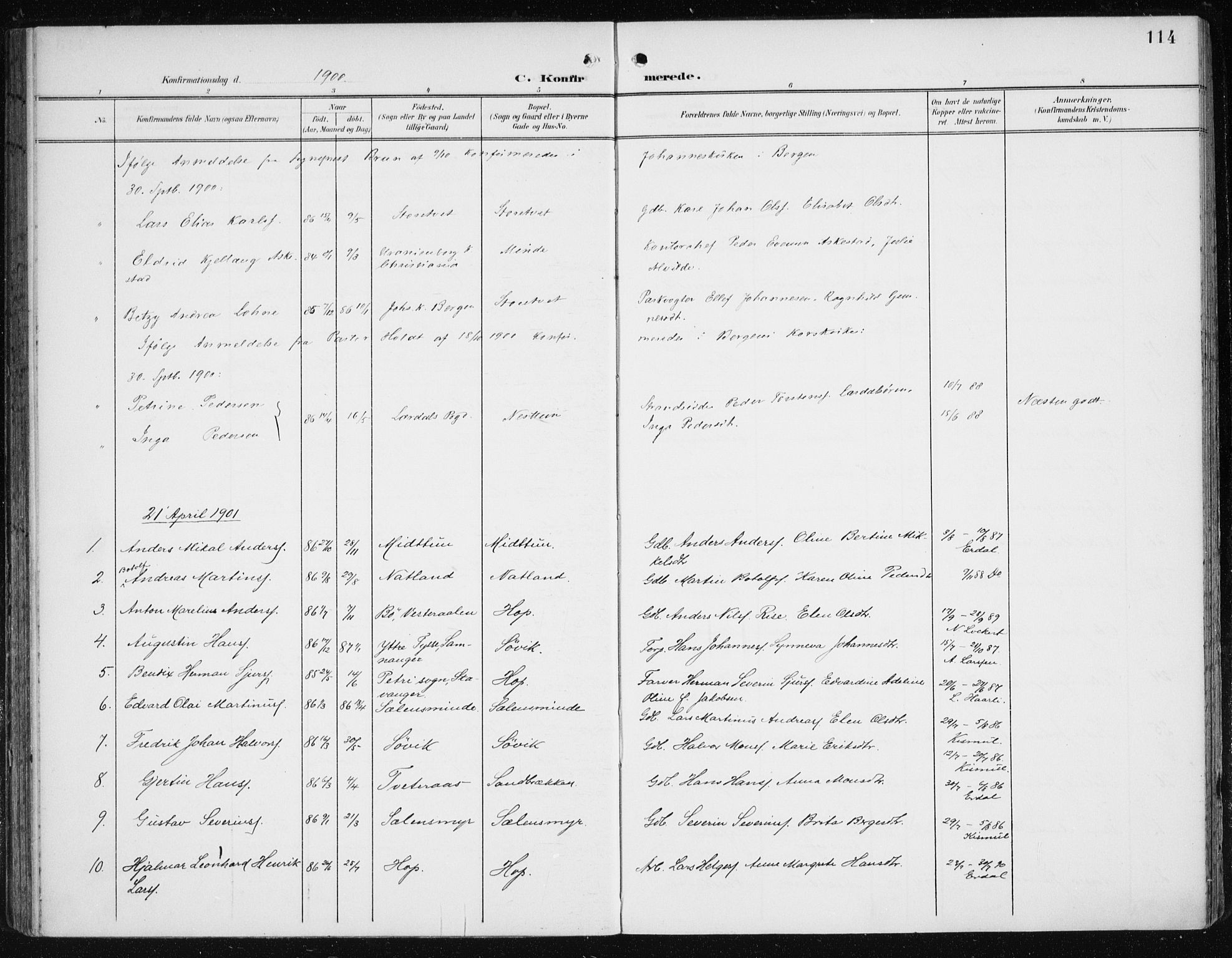 Fana Sokneprestembete, SAB/A-75101/H/Haa/Haai/L0003: Parish register (official) no. I 3, 1900-1912, p. 114