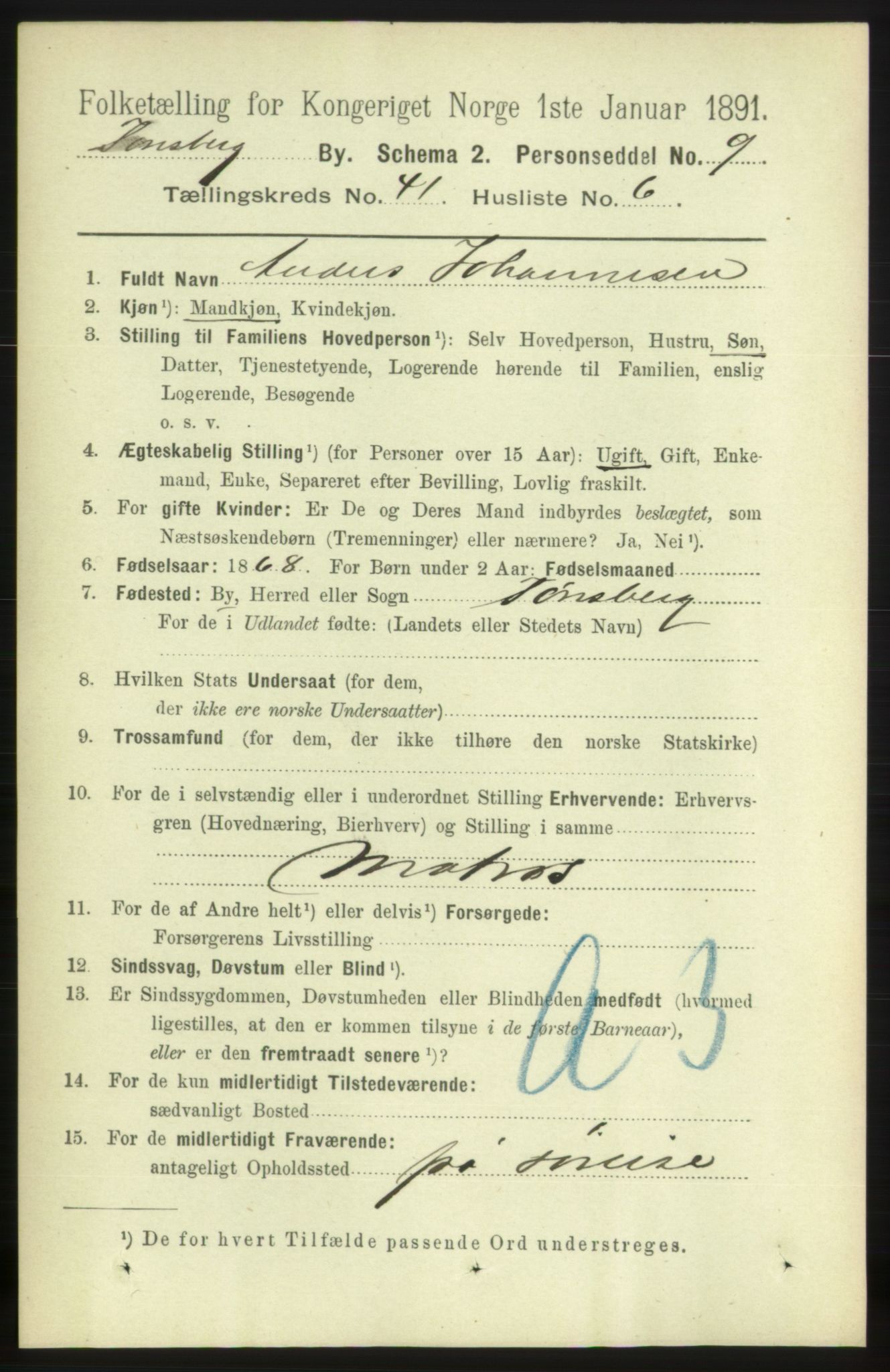 RA, 1891 census for 0705 Tønsberg, 1891, p. 8808