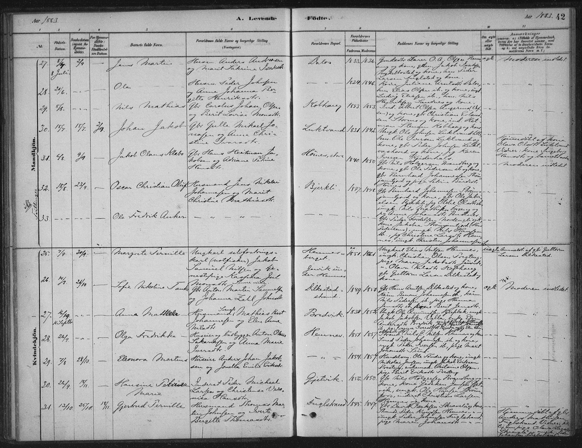Ministerialprotokoller, klokkerbøker og fødselsregistre - Nordland, SAT/A-1459/825/L0361: Parish register (official) no. 825A15, 1878-1893, p. 42