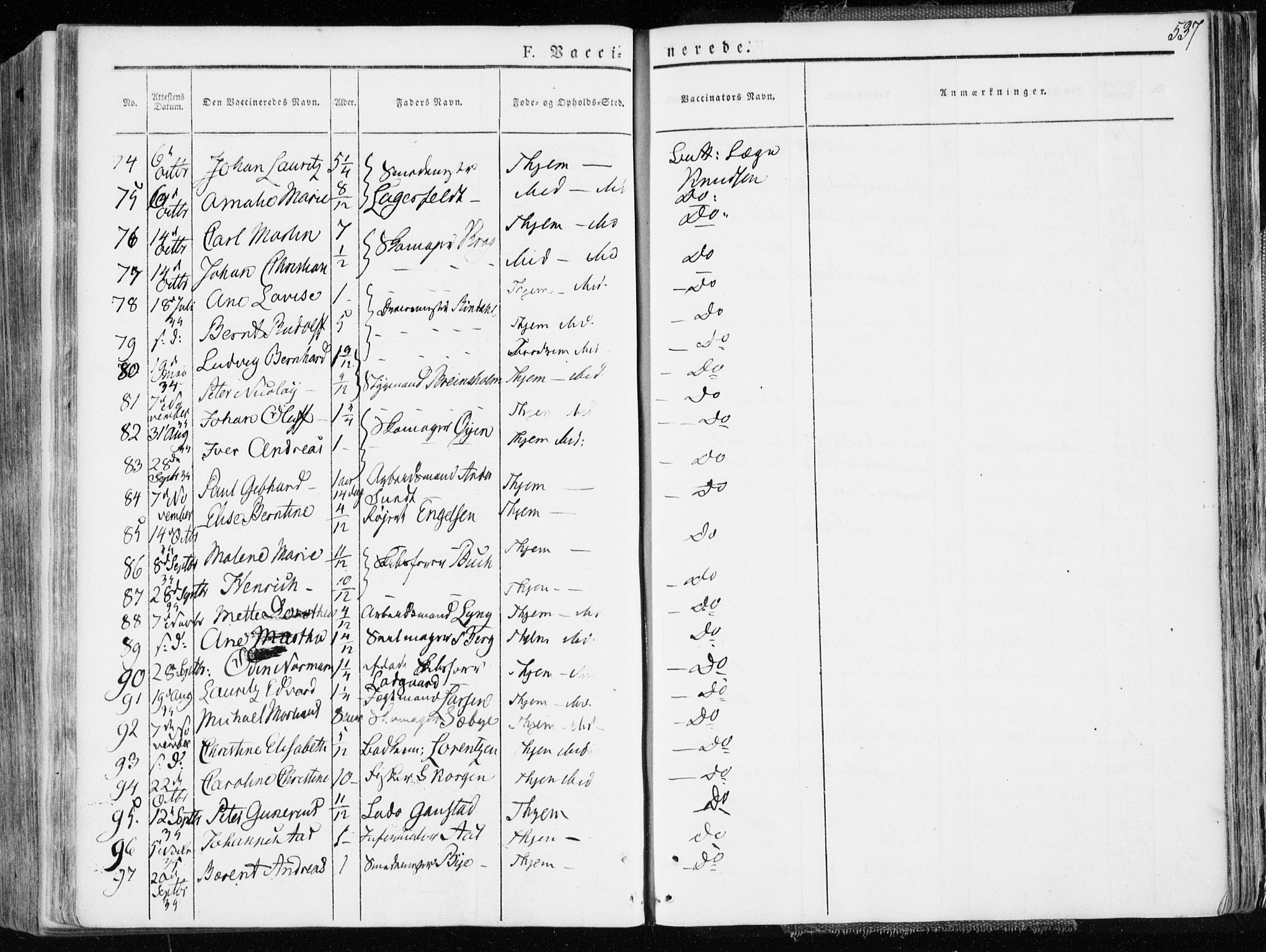 Ministerialprotokoller, klokkerbøker og fødselsregistre - Sør-Trøndelag, SAT/A-1456/601/L0047: Parish register (official) no. 601A15, 1831-1839, p. 537