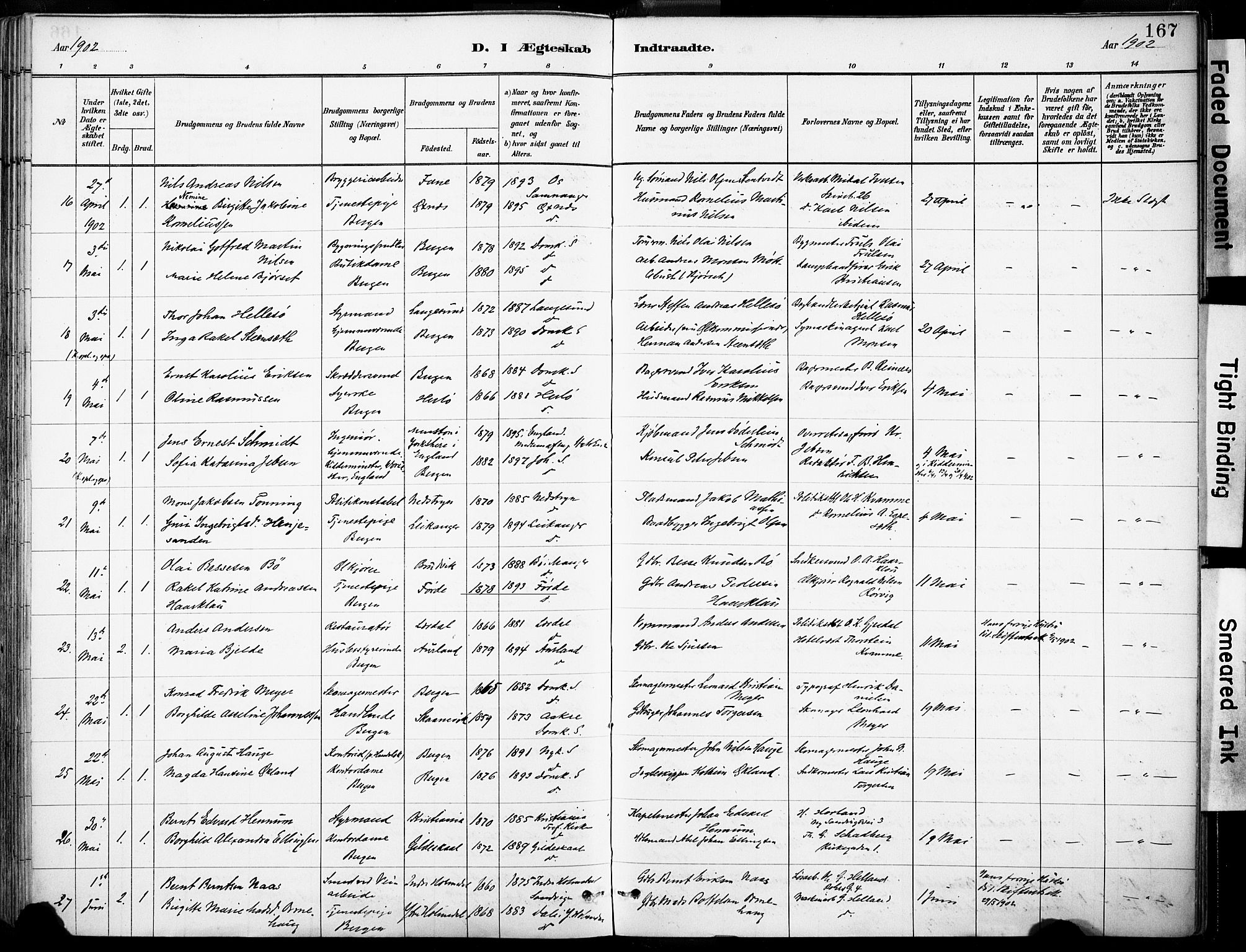 Domkirken sokneprestembete, AV/SAB-A-74801/H/Haa/L0037: Parish register (official) no. D 4, 1880-1907, p. 167