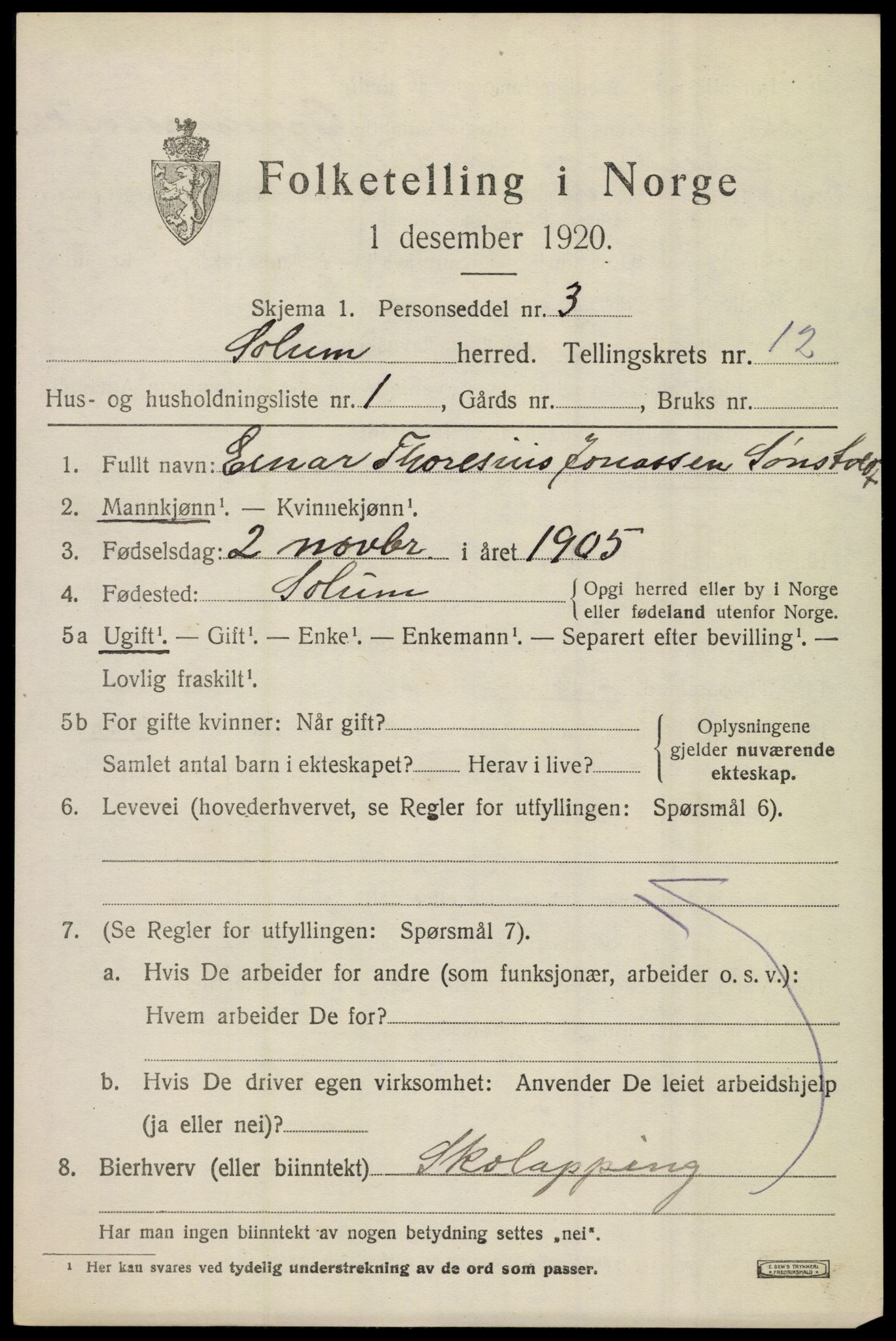 SAKO, 1920 census for Solum, 1920, p. 17028