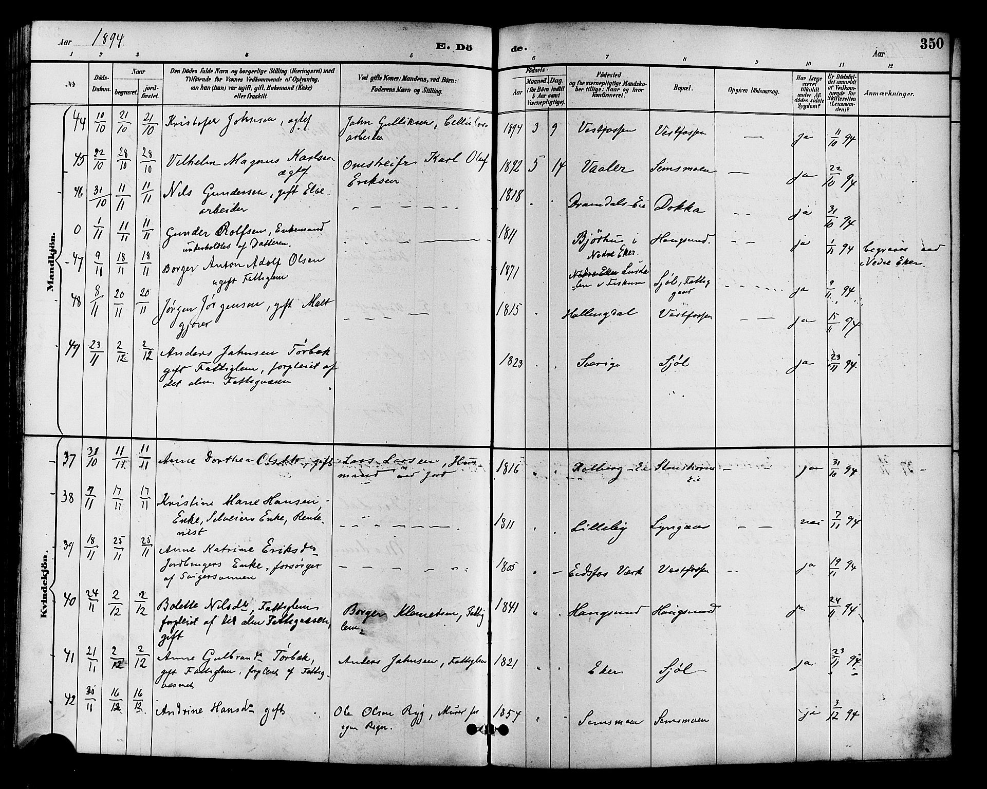 Eiker kirkebøker, AV/SAKO-A-4/F/Fb/L0002: Parish register (official) no. II 2, 1889-1896, p. 350