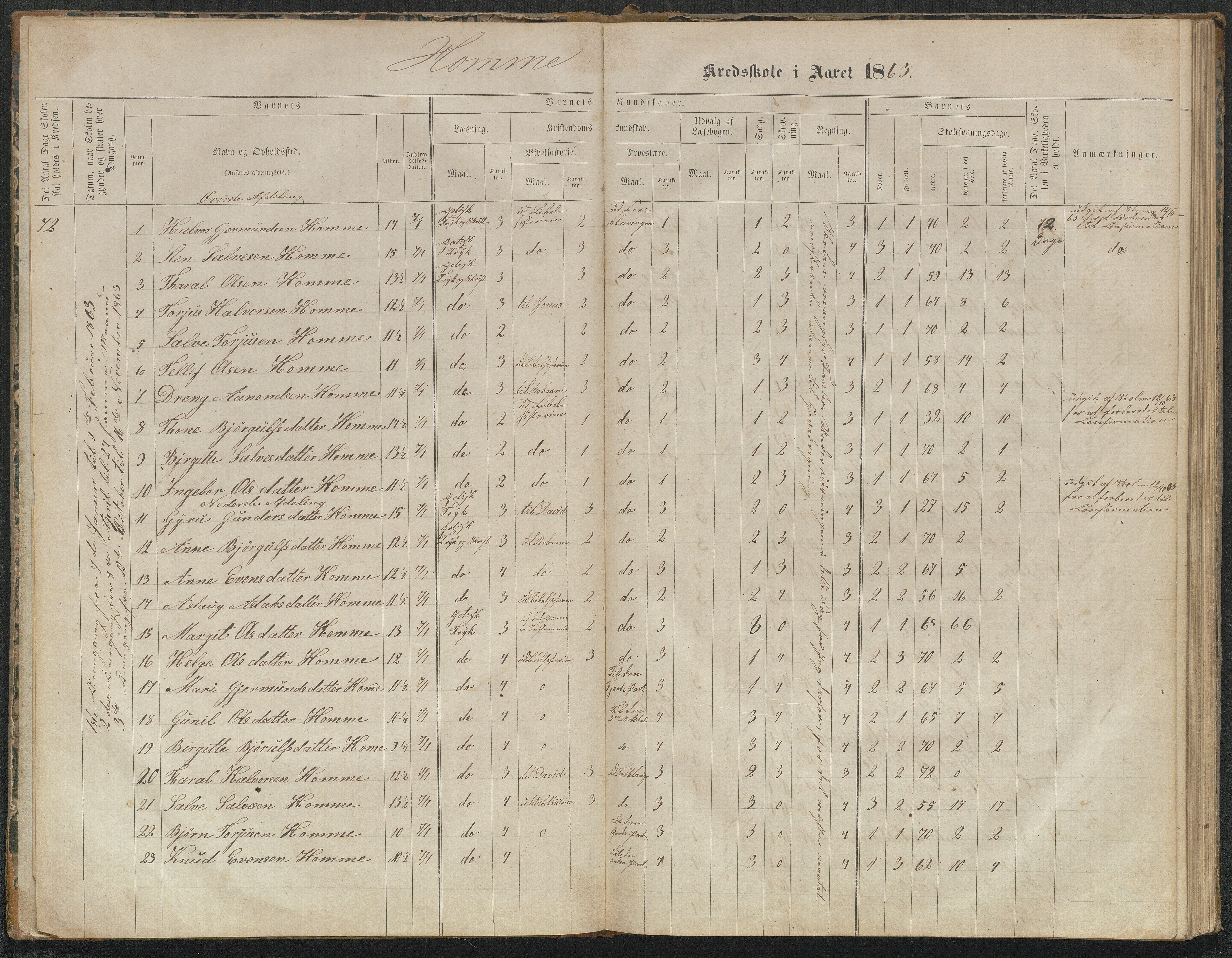 Valle kommune, AAKS/KA0940-PK/03/L0052: Karakterprotokoll for Homme skule. Karakterprotokoll for Oveinang skule. Karakterprotokoll for Tveitebø skule. Karakterprotokoll for den frivillige undervisning i Homme, 1863-1882