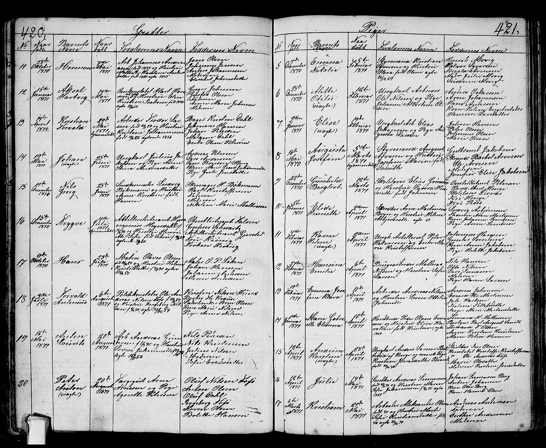 Fredrikstad prestekontor Kirkebøker, SAO/A-11082/G/Ga/L0001: Parish register (copy) no. 1, 1824-1879, p. 420-421