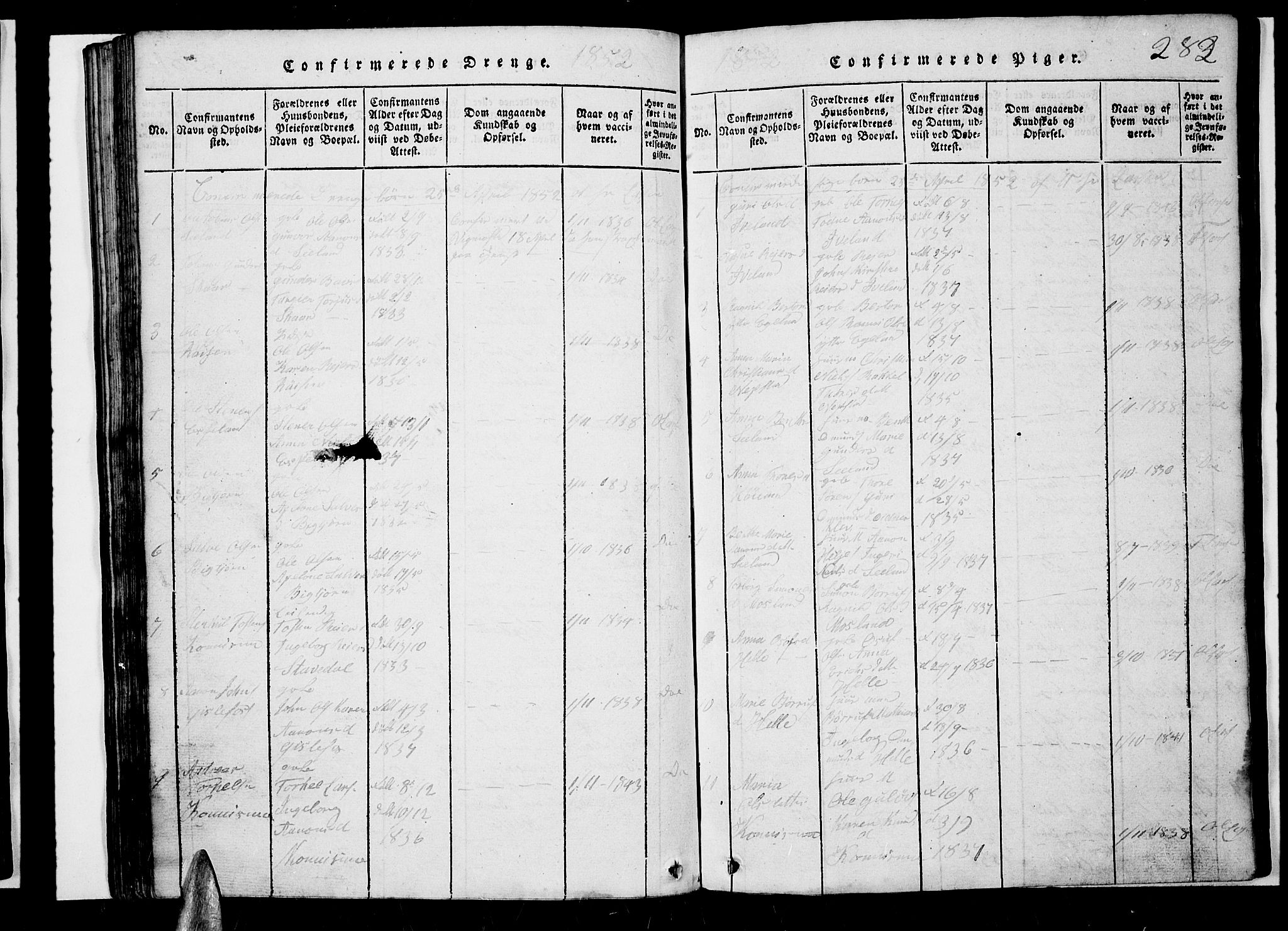 Nord-Audnedal sokneprestkontor, SAK/1111-0032/F/Fb/Fba/L0001: Parish register (copy) no. B 1, 1815-1856, p. 282