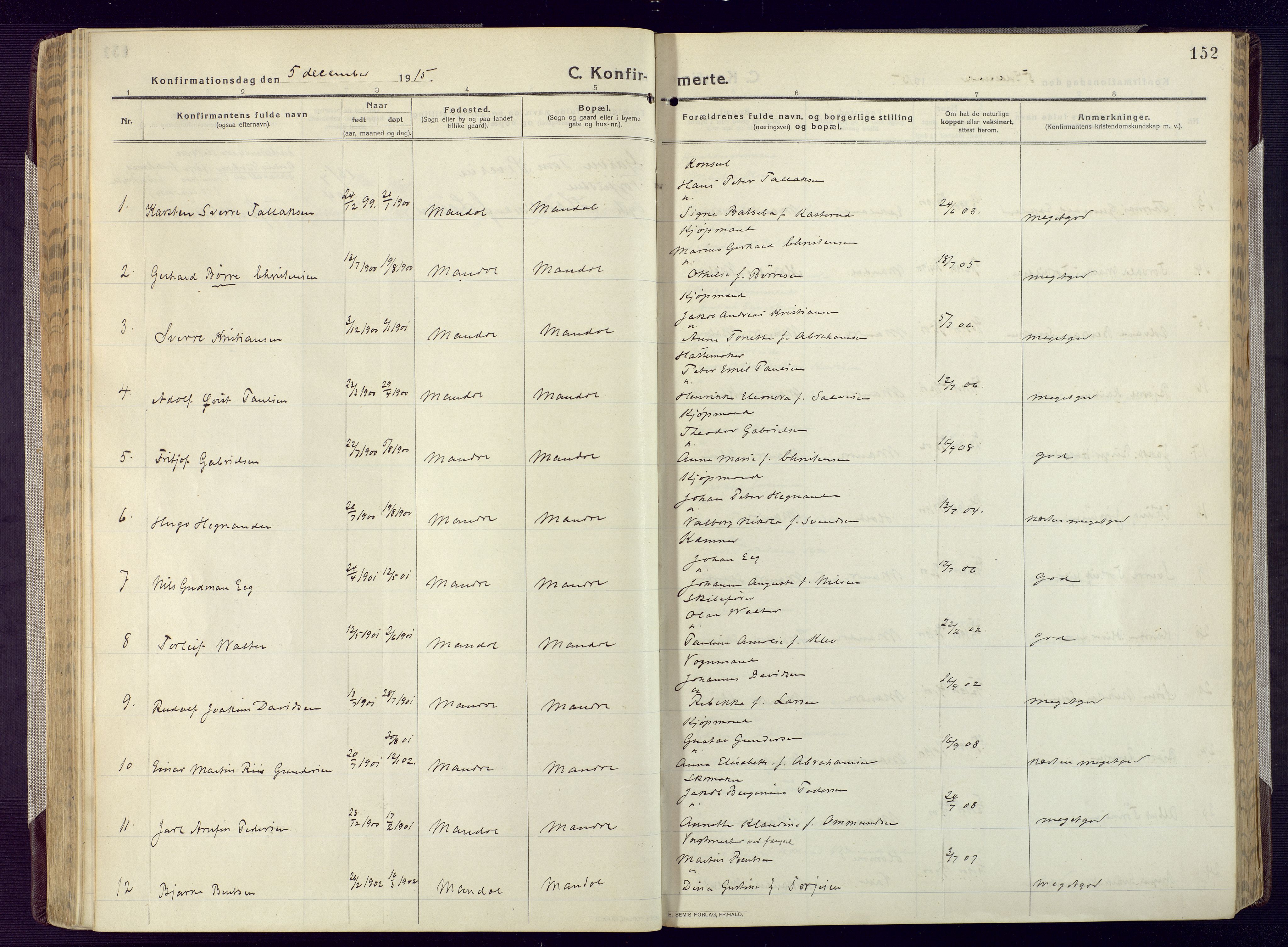 Mandal sokneprestkontor, AV/SAK-1111-0030/F/Fa/Fac/L0001: Parish register (official) no. A 1, 1913-1925, p. 152