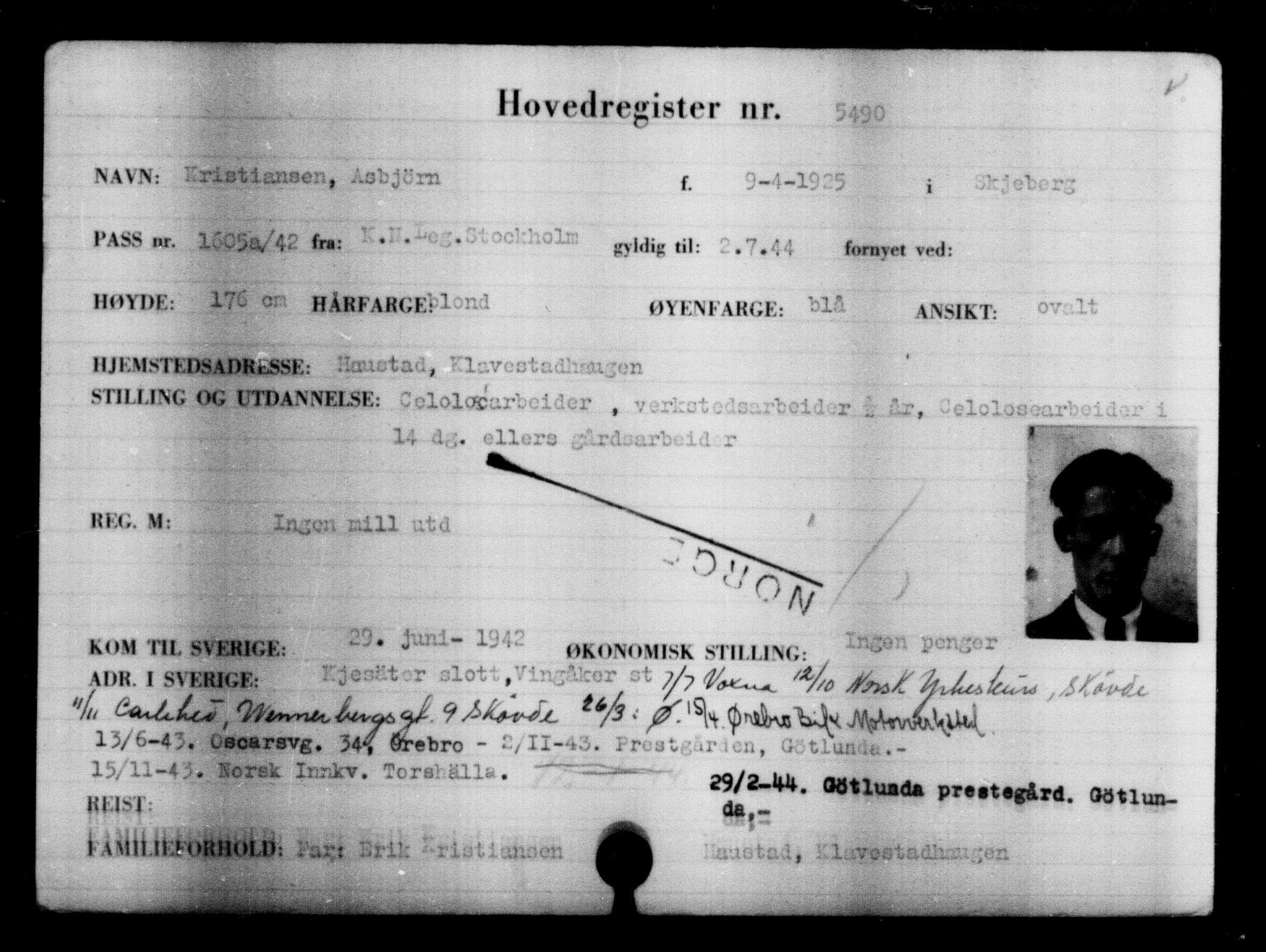 Utenriksstasjonene, Legasjonen i Stockholm, Flyktningkontoret, AV/RA-S-6753/V/Va/L0004: Kjesäterkartoteket, flyktninger med registreringsnr. 3496-6610, 1940-1945, p. 2308