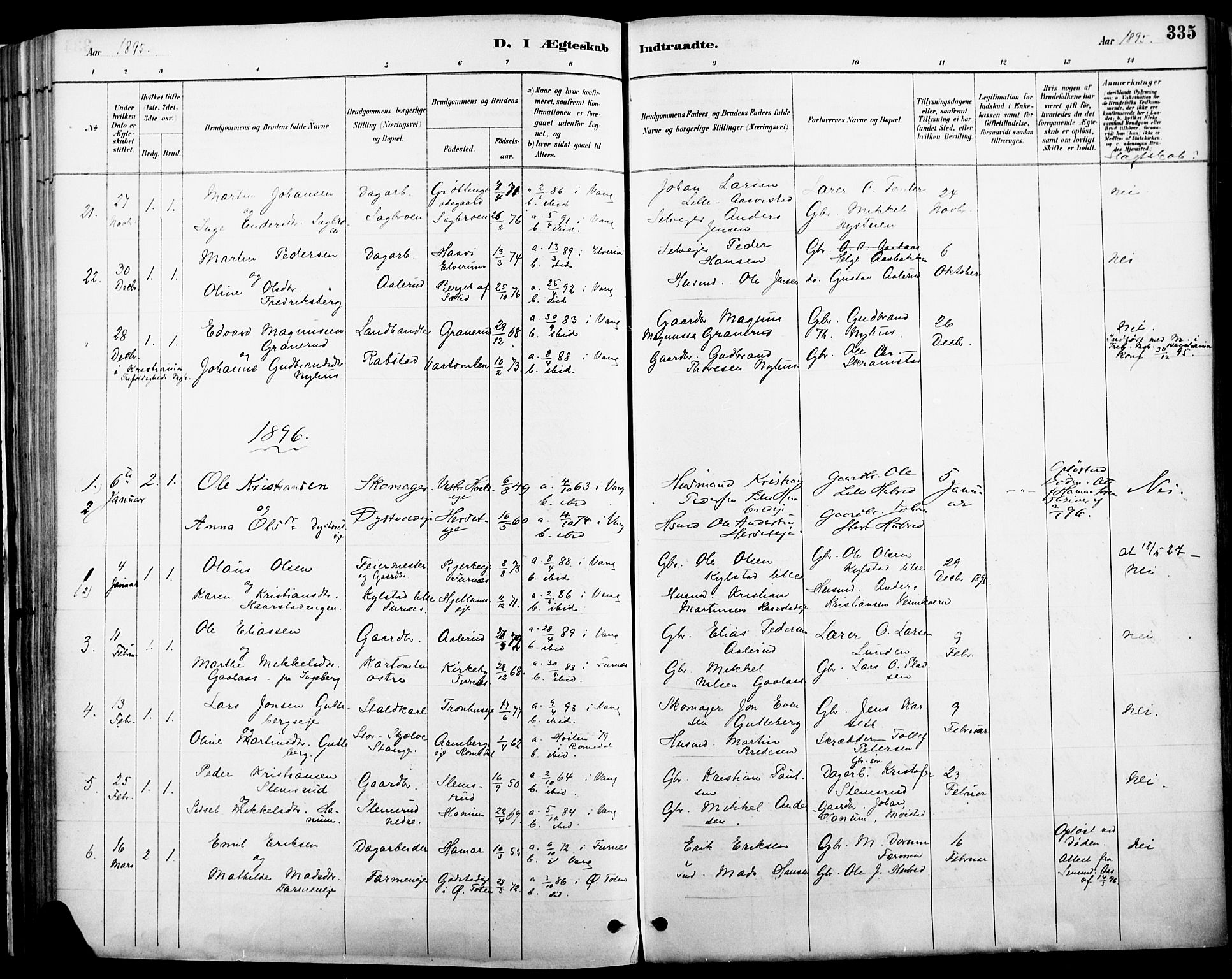 Vang prestekontor, Hedmark, SAH/PREST-008/H/Ha/Haa/L0019A: Parish register (official) no. 19, 1886-1900, p. 335