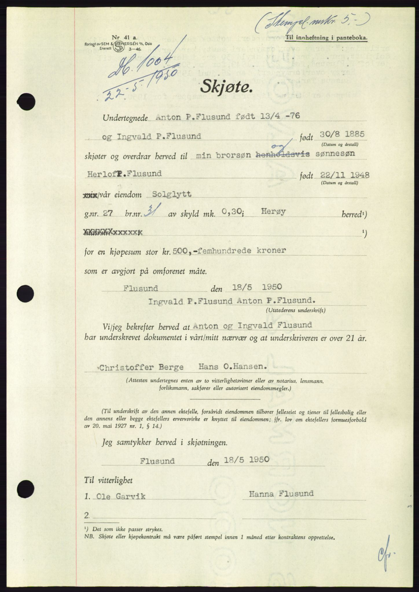 Søre Sunnmøre sorenskriveri, AV/SAT-A-4122/1/2/2C/L0087: Mortgage book no. 13A, 1950-1950, Diary no: : 1004/1950