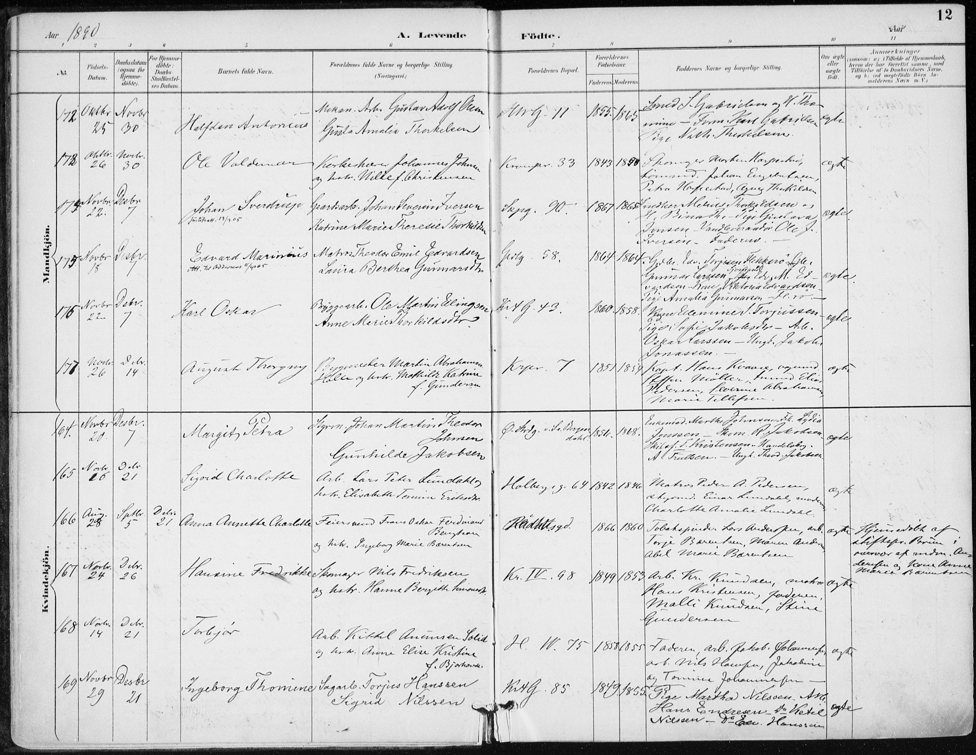 Kristiansand domprosti, AV/SAK-1112-0006/F/Fa/L0019: Parish register (official) no. A 18, 1890-1897, p. 12