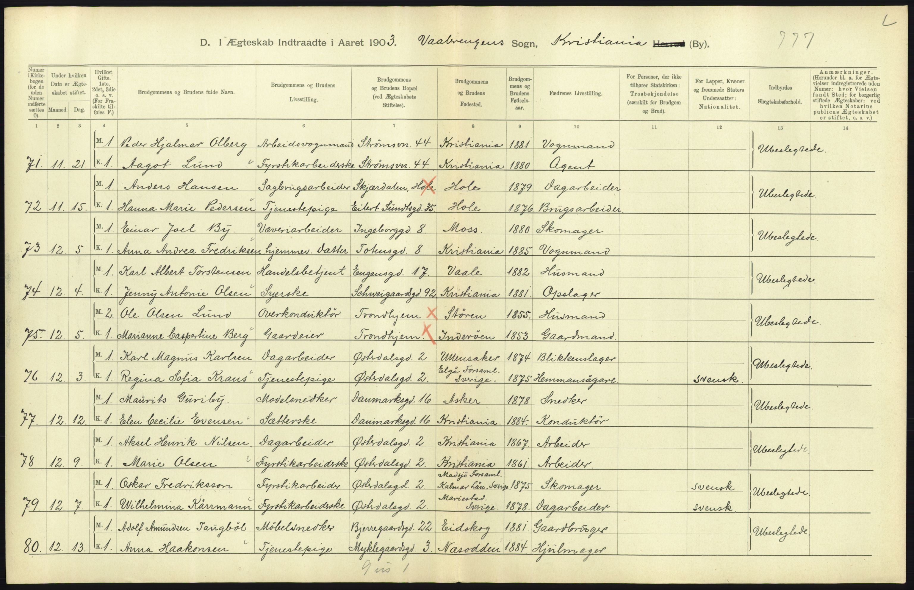 Statistisk sentralbyrå, Sosiodemografiske emner, Befolkning, AV/RA-S-2228/D/Df/Dfa/Dfaa/L0004: Kristiania: Gifte, døde, 1903, p. 521