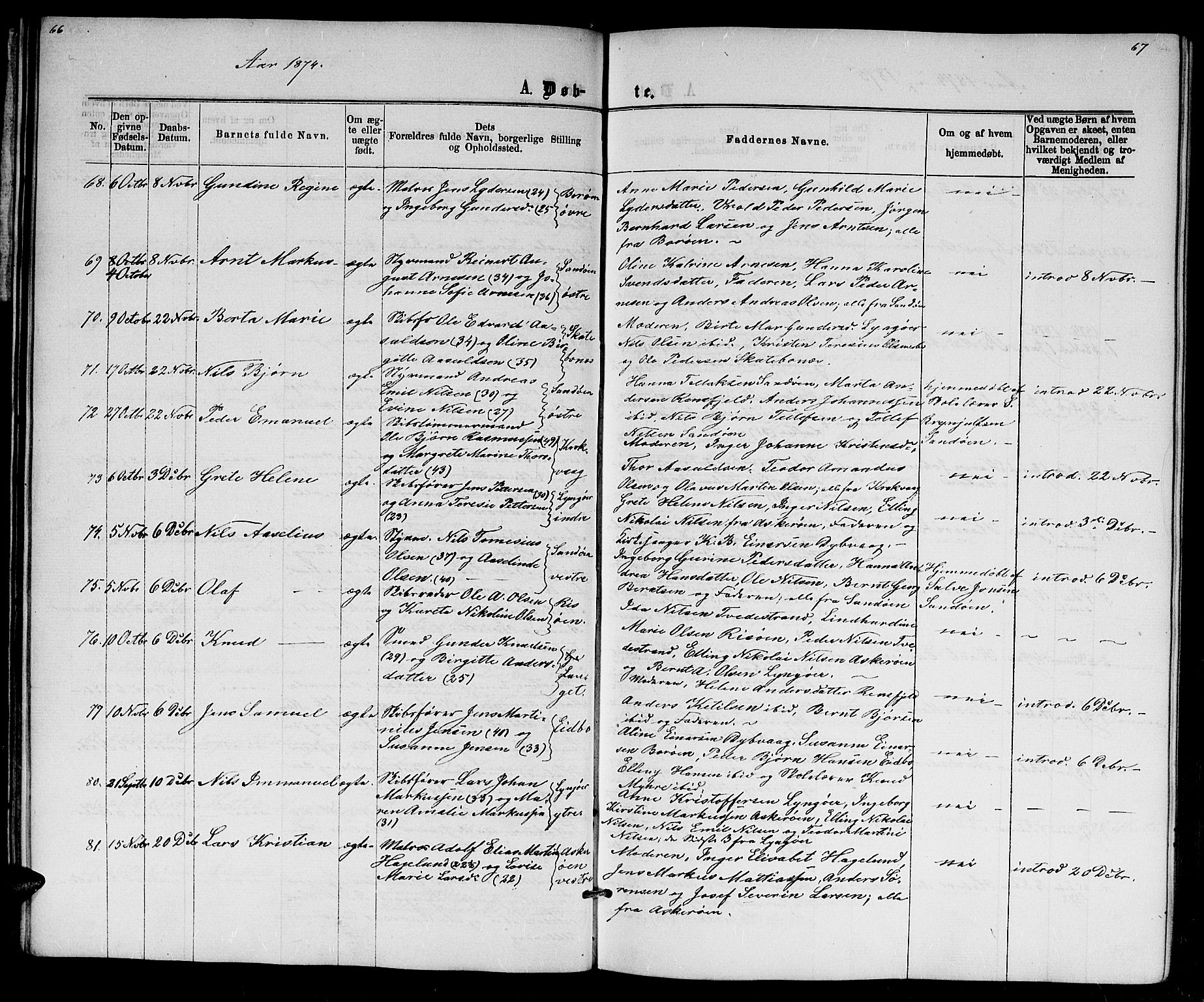 Dypvåg sokneprestkontor, AV/SAK-1111-0007/F/Fb/Fba/L0012: Parish register (copy) no. B 12, 1872-1886, p. 66-67