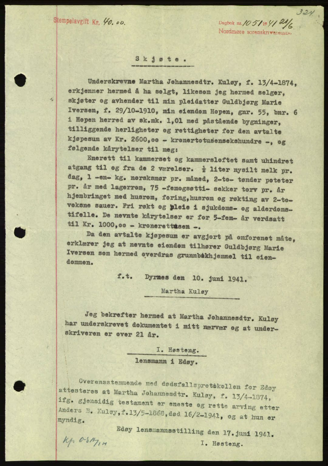 Nordmøre sorenskriveri, SAT/A-4132/1/2/2Ca: Mortgage book no. A90, 1941-1941, Diary no: : 1051/1941