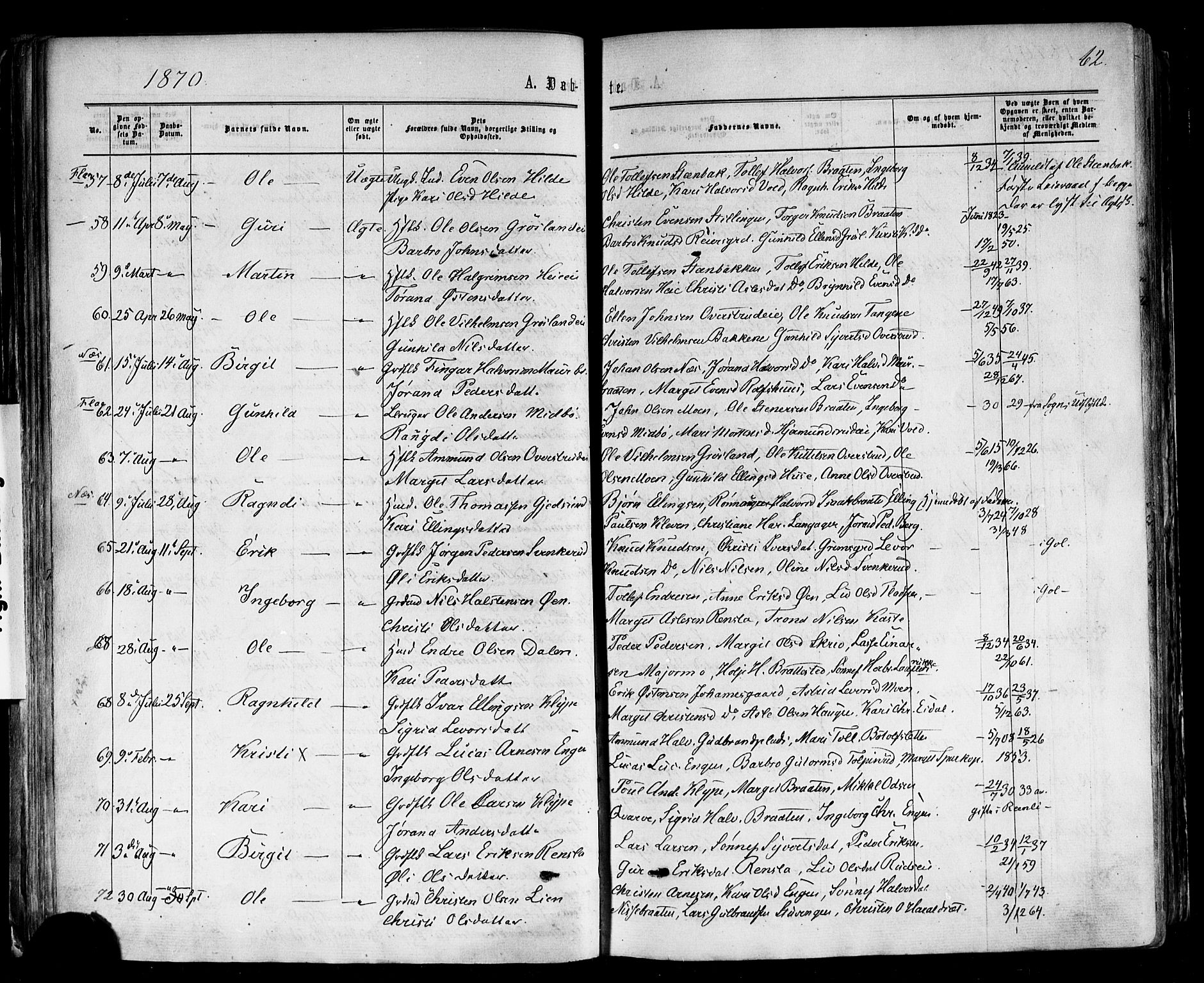 Nes kirkebøker, AV/SAKO-A-236/F/Fa/L0010: Parish register (official) no. 10, 1864-1880, p. 62