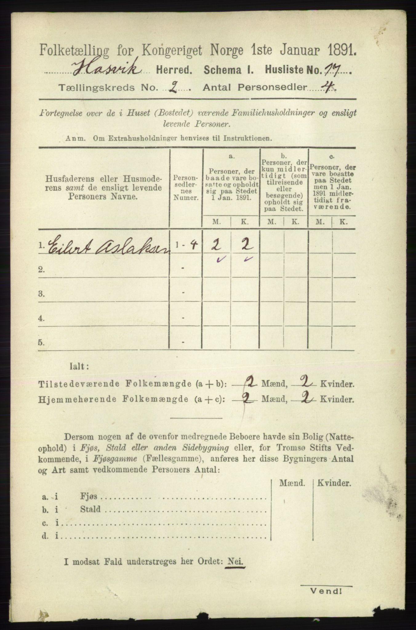 RA, 1891 census for 2015 Hasvik, 1891, p. 277
