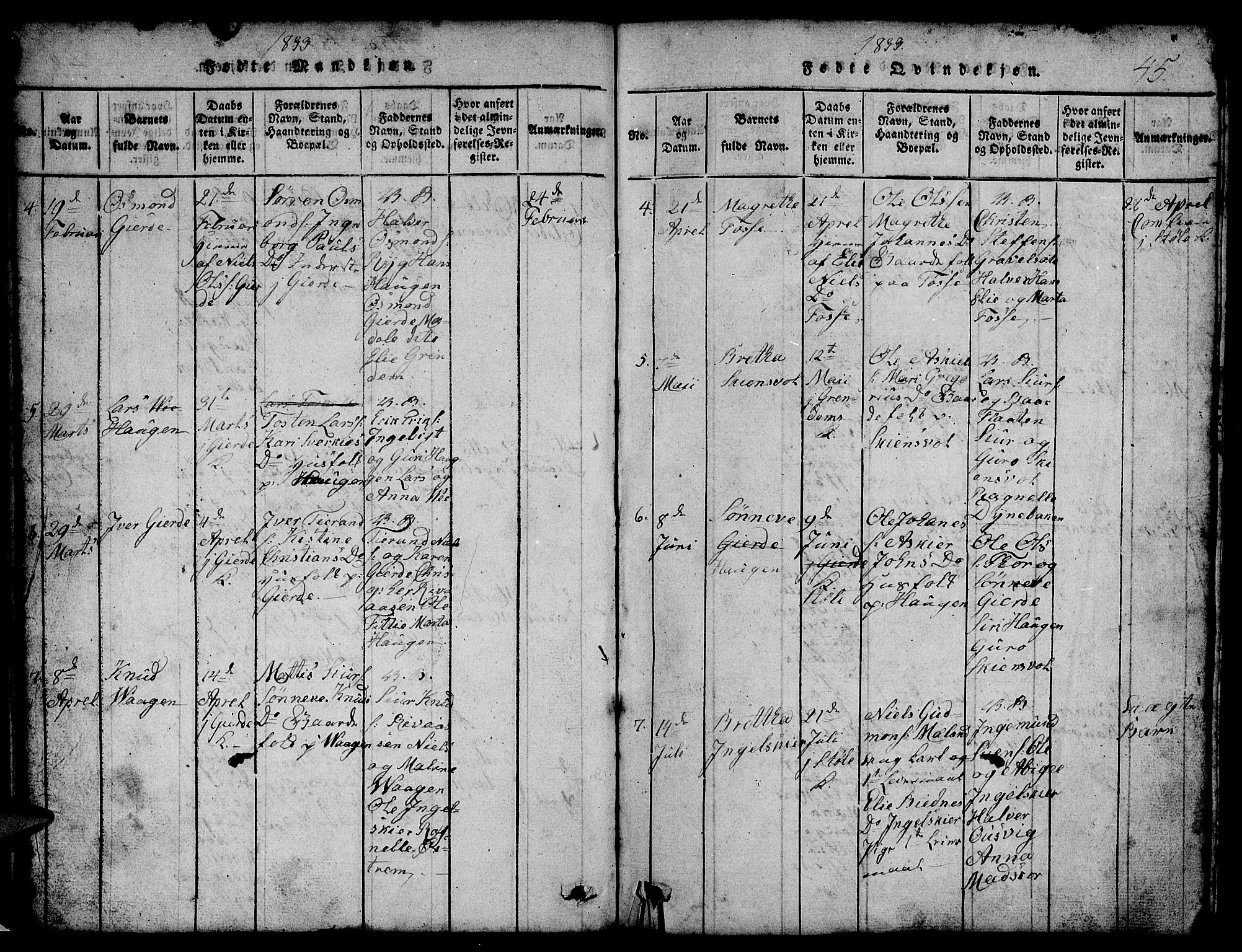 Etne sokneprestembete, SAB/A-75001/H/Hab: Parish register (copy) no. B 1, 1815-1850, p. 45