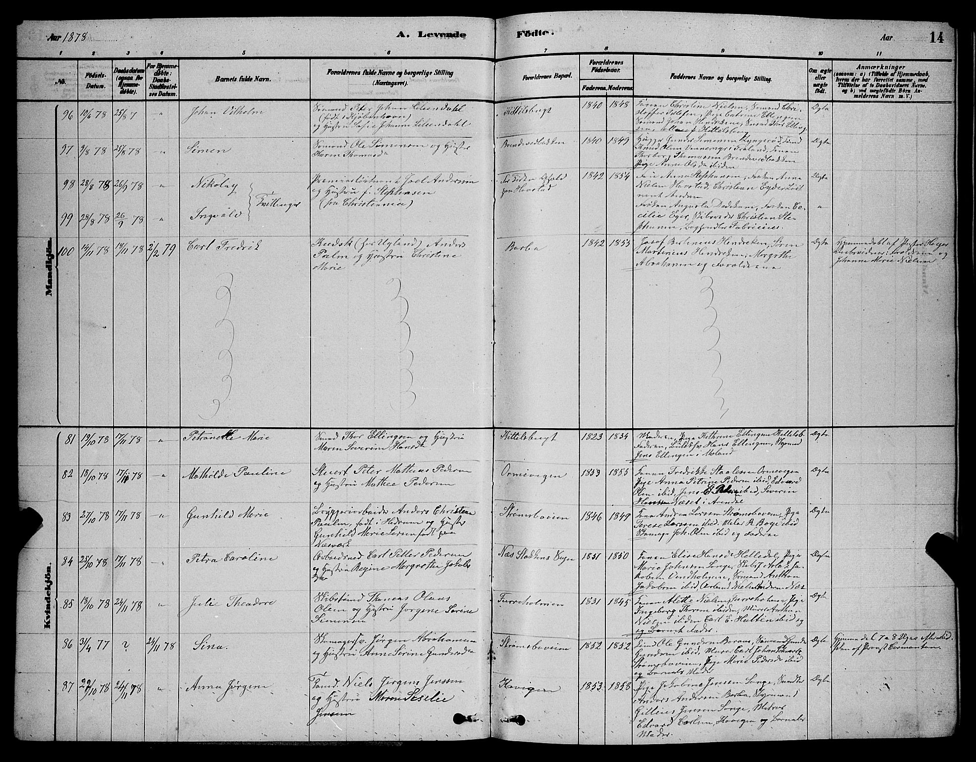 Barbu sokneprestkontor, AV/SAK-1111-0003/F/Fb/L0001: Parish register (copy) no. B 1, 1878-1890, p. 14