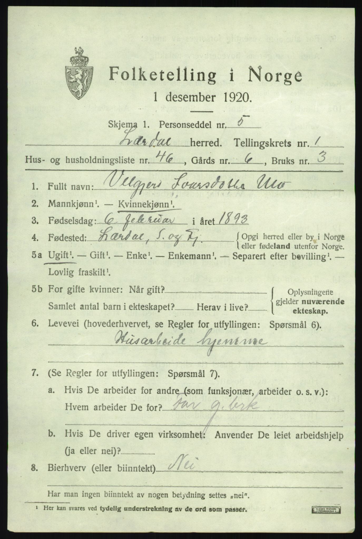 SAB, 1920 census for Lærdal, 1920, p. 1232