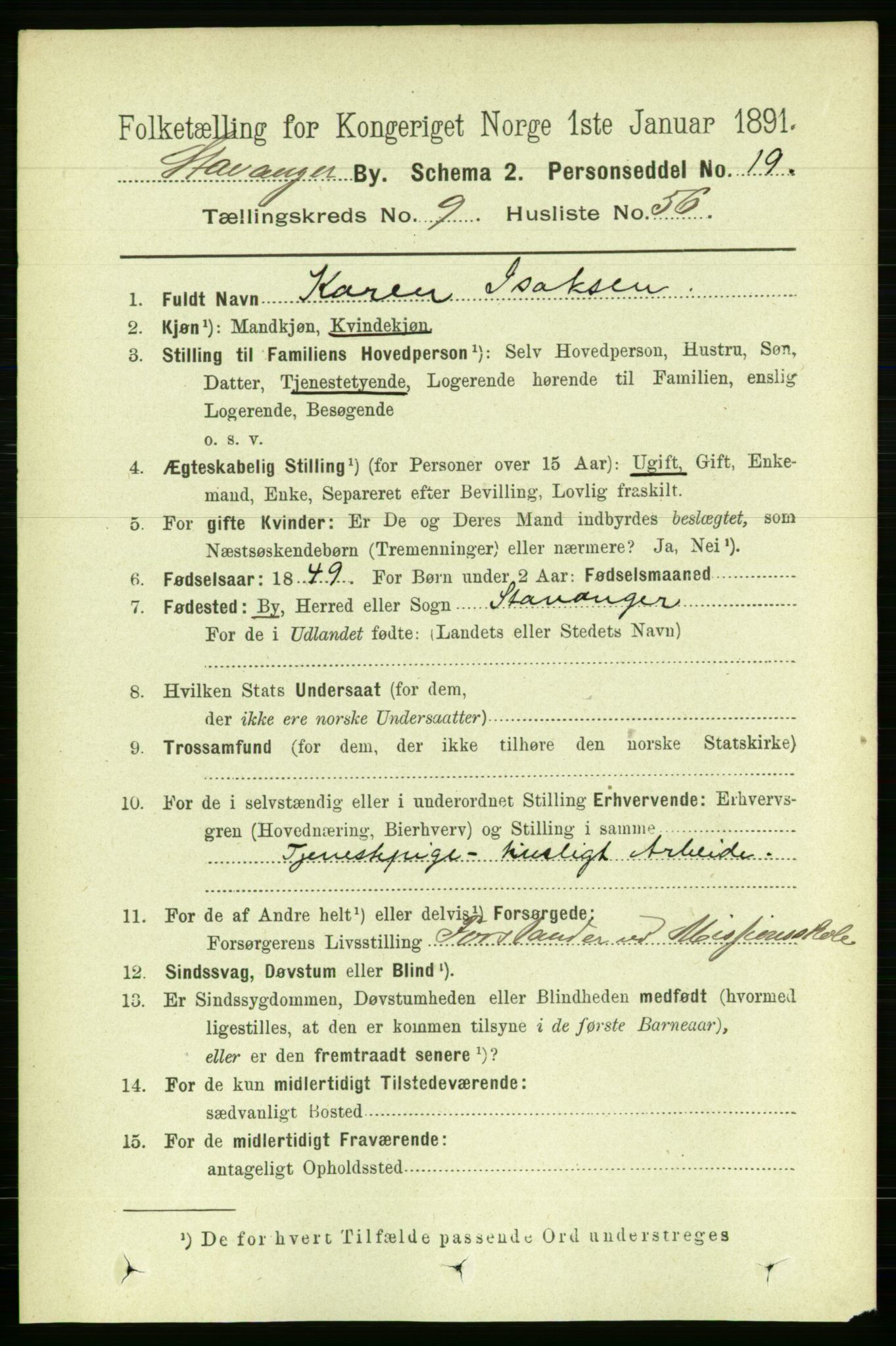 RA, 1891 census for 1103 Stavanger, 1891, p. 13205