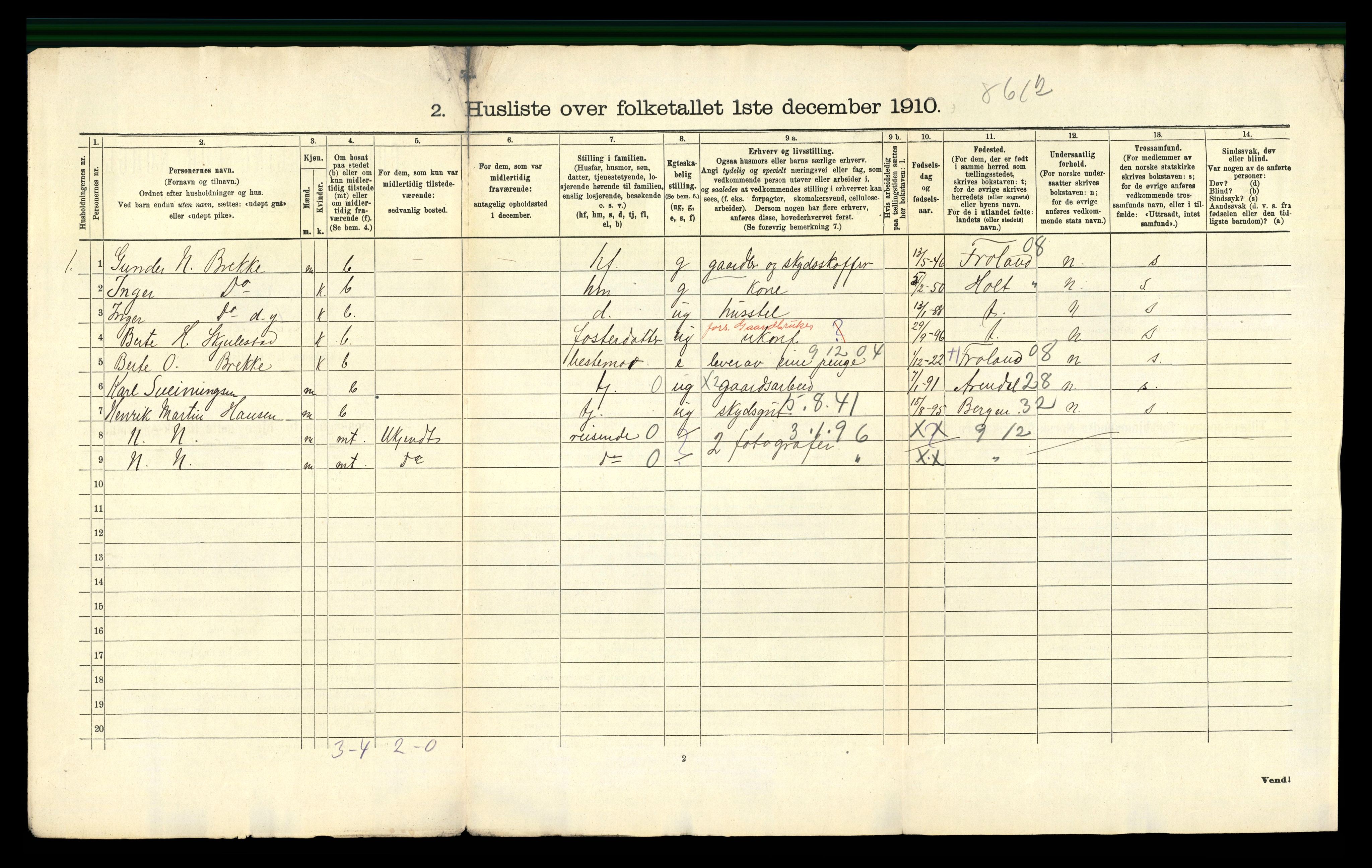 RA, 1910 census for Austre Moland, 1910, p. 43