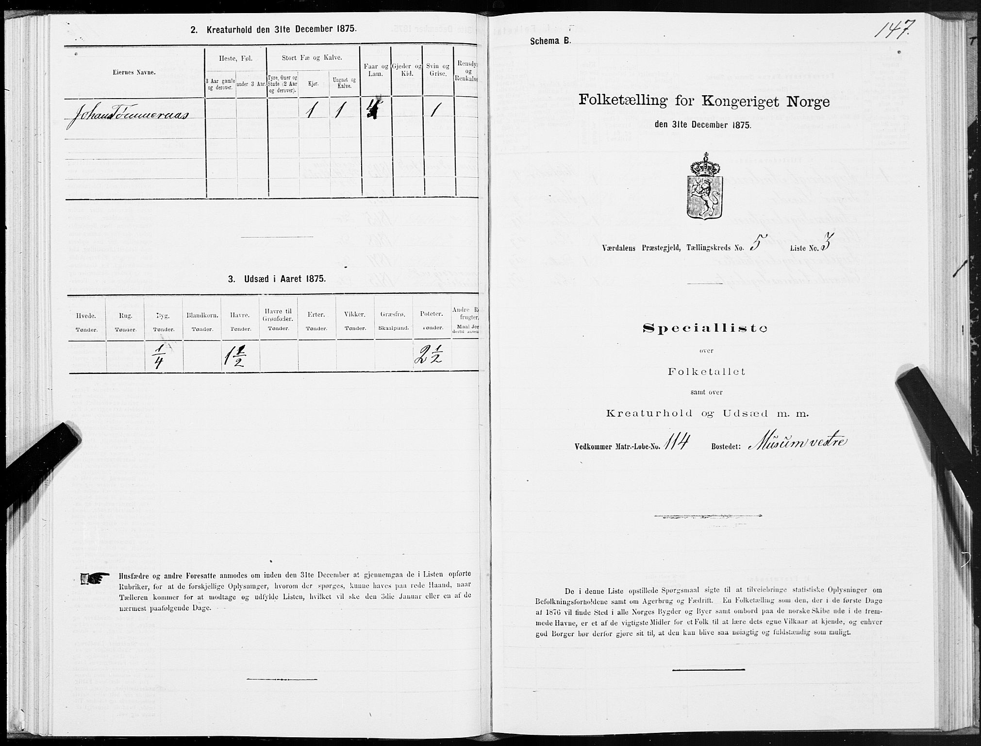 SAT, 1875 census for 1721P Verdal, 1875, p. 3147