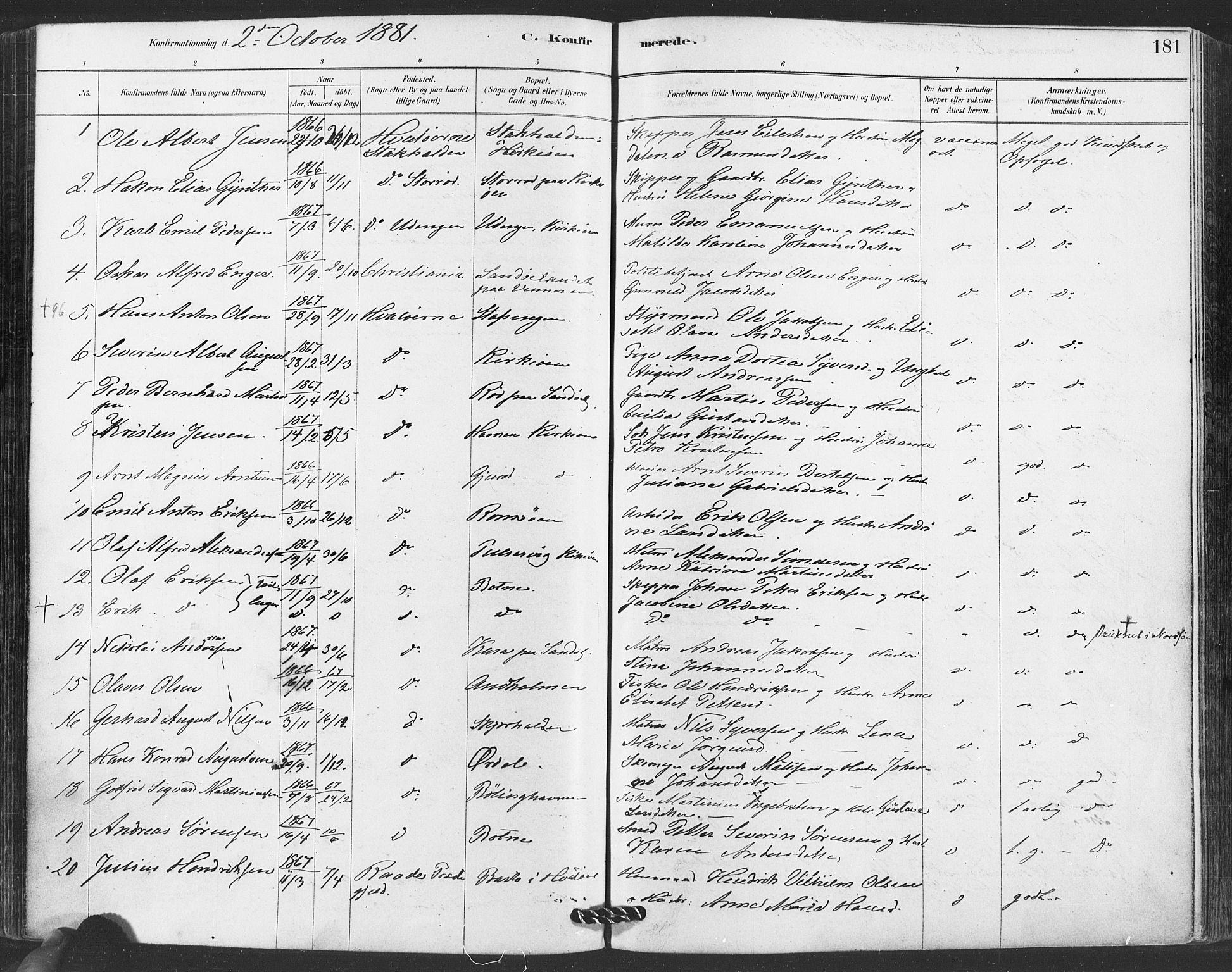 Hvaler prestekontor Kirkebøker, AV/SAO-A-2001/F/Fa/L0008: Parish register (official) no. I 8, 1878-1895, p. 181