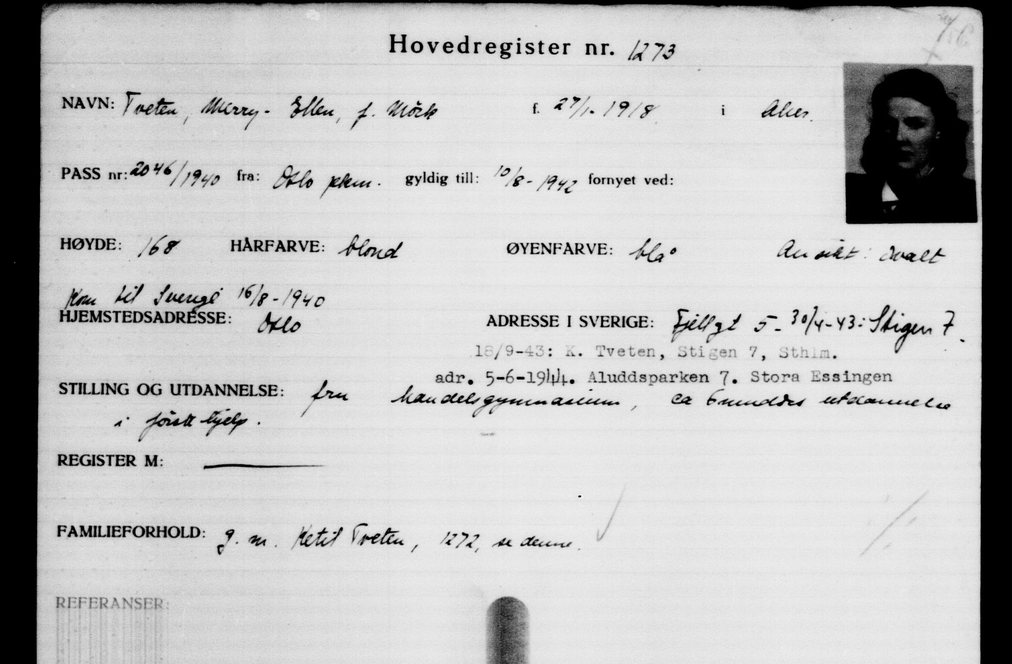 Den Kgl. Norske Legasjons Flyktningskontor, RA/S-6753/V/Va/L0002: Kjesäterkartoteket.  Flyktningenr. 1001-2000, 1940-1945, p. 397