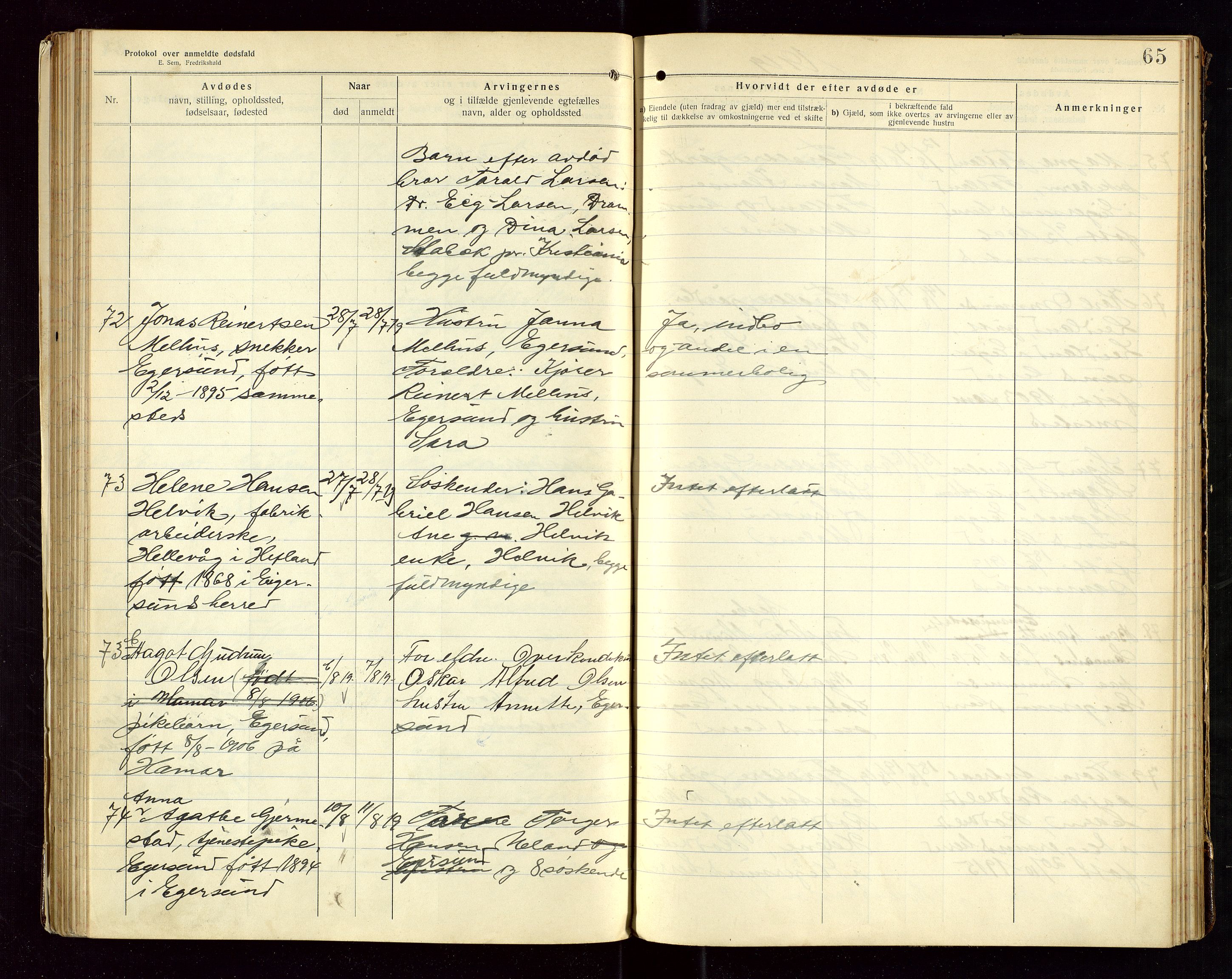 Eigersund lensmannskontor, AV/SAST-A-100171/Gga/L0007: "Protokol over anmeldte dødsfald" m/alfabetisk navneregister, 1917-1920, p. 65