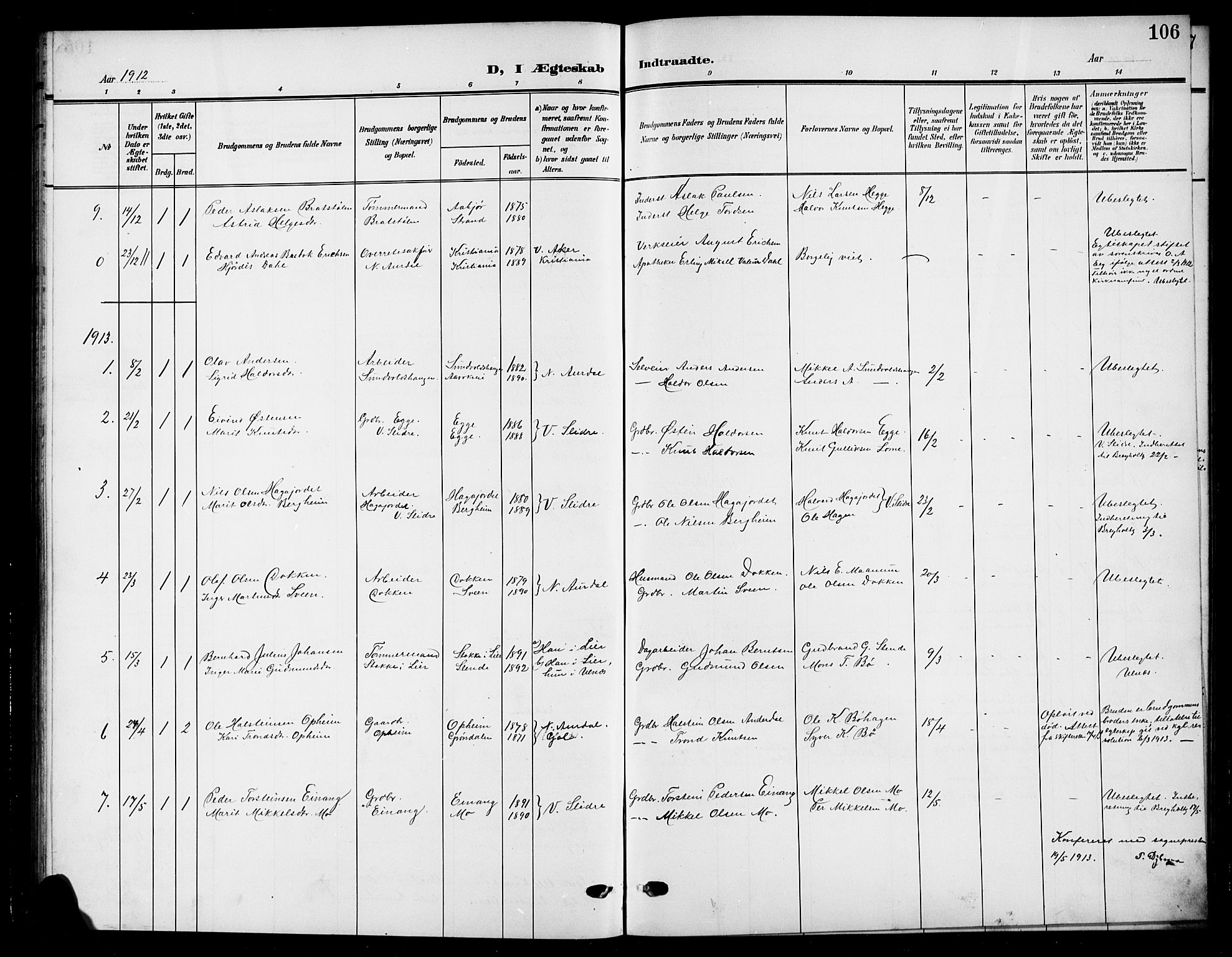 Nord-Aurdal prestekontor, SAH/PREST-132/H/Ha/Hab/L0012: Parish register (copy) no. 12, 1907-1920, p. 106