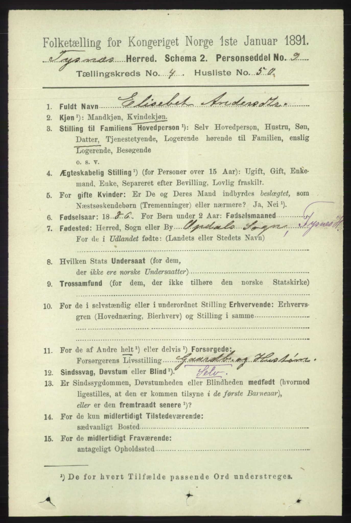 RA, 1891 census for 1223 Tysnes, 1891, p. 1826