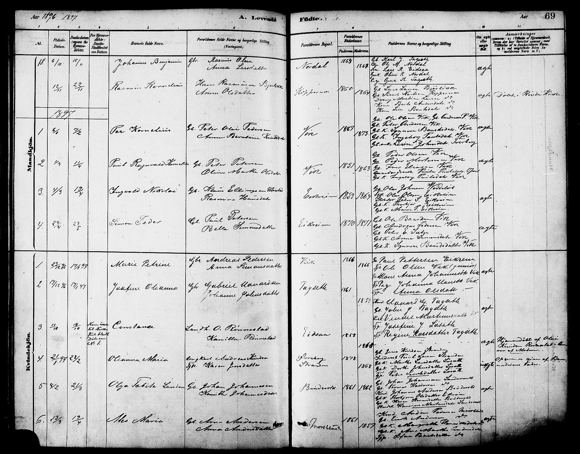 Ministerialprotokoller, klokkerbøker og fødselsregistre - Møre og Romsdal, AV/SAT-A-1454/502/L0027: Parish register (copy) no. 502C01, 1878-1908, p. 69