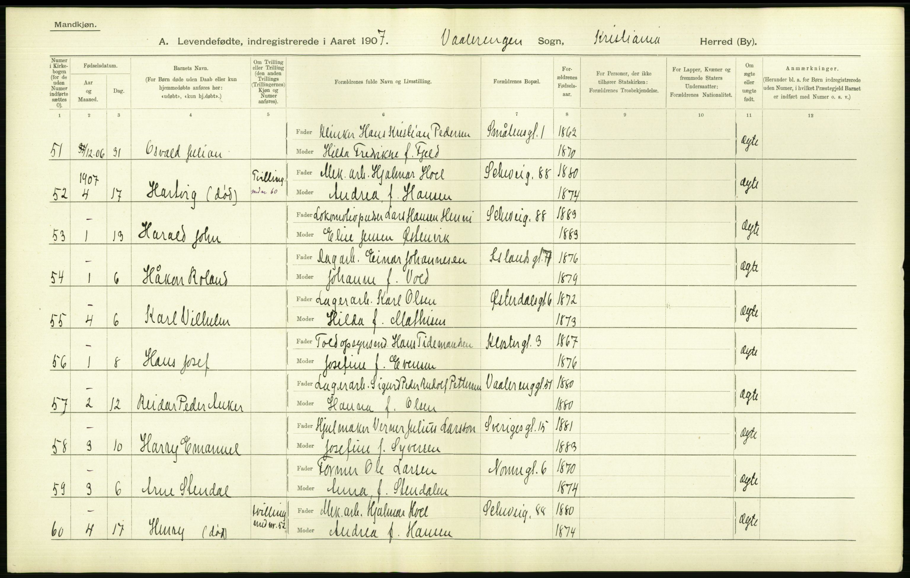 Statistisk sentralbyrå, Sosiodemografiske emner, Befolkning, AV/RA-S-2228/D/Df/Dfa/Dfae/L0007: Kristiania: Levendefødte menn og kvinner., 1907, p. 606