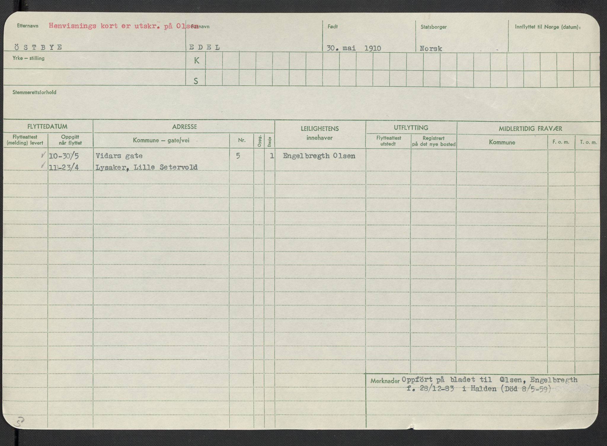 Oslo folkeregister, Registerkort, AV/SAO-A-11715/F/Fa/Fac/L0025: Kvinner, 1906-1914, p. 1073a