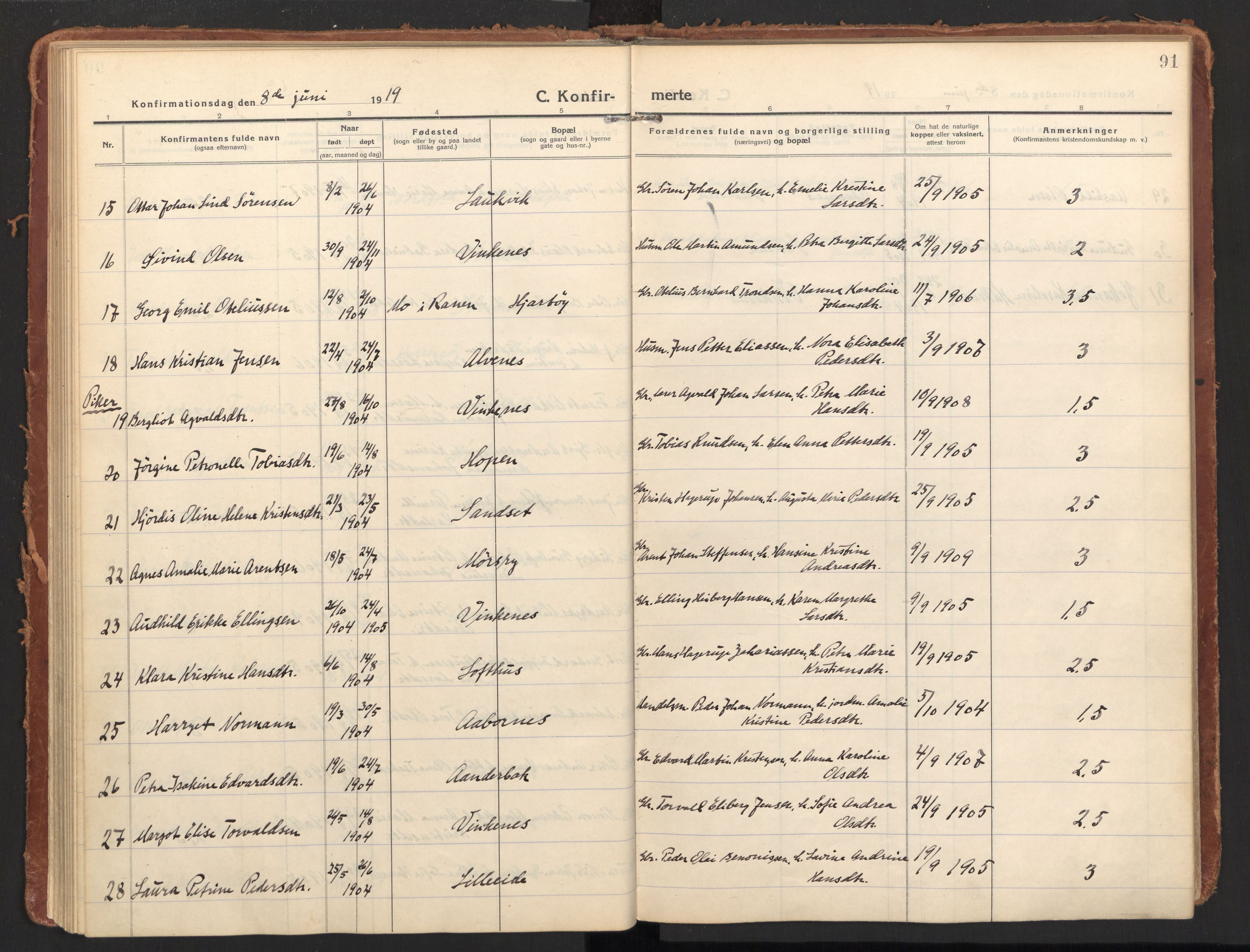 Ministerialprotokoller, klokkerbøker og fødselsregistre - Nordland, AV/SAT-A-1459/858/L0833: Parish register (official) no. 858A03, 1916-1934, p. 91