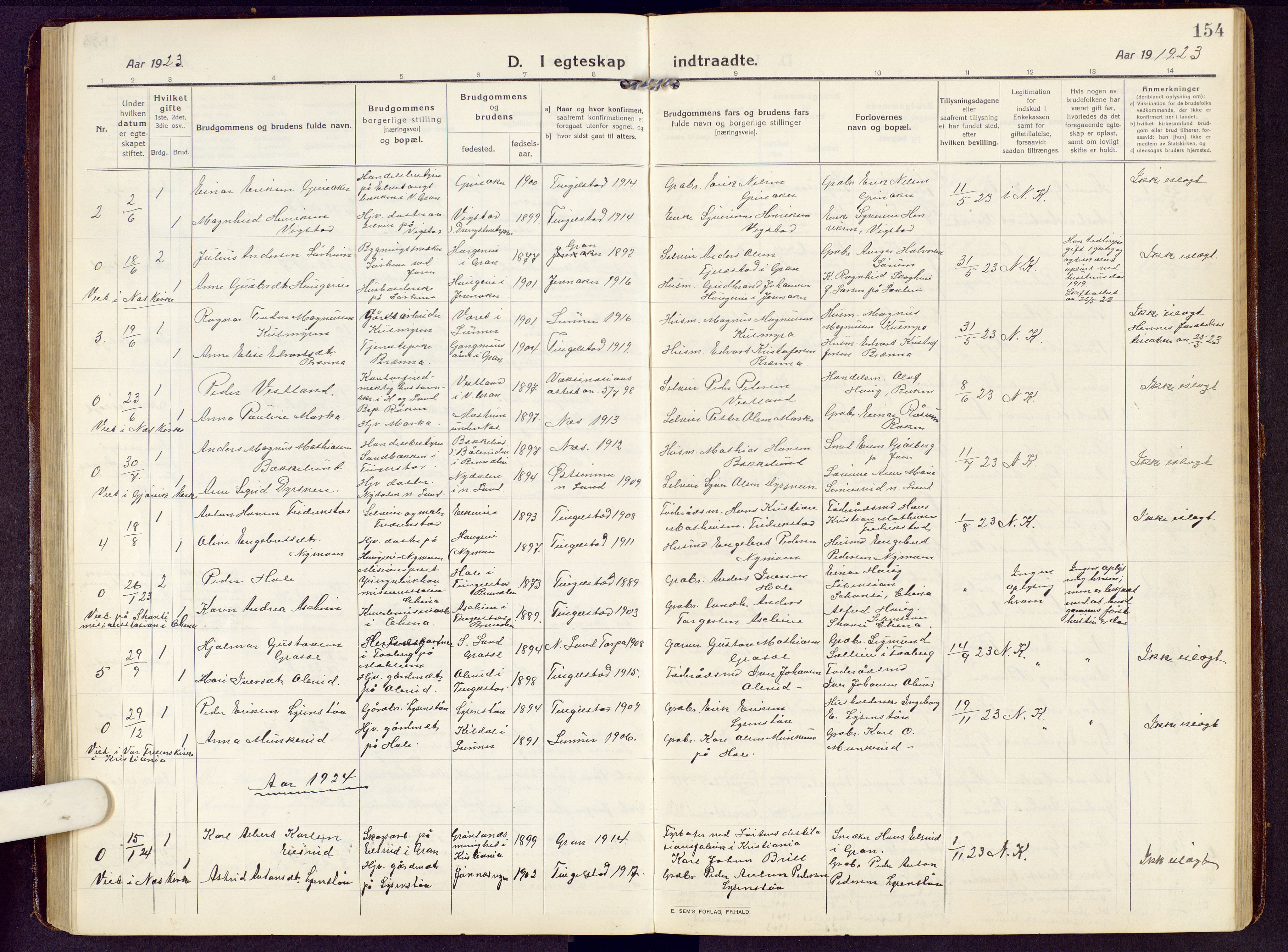 Brandbu prestekontor, AV/SAH-PREST-114/H/Ha/Hab/L0010: Parish register (copy) no. 10, 1916-1930, p. 154