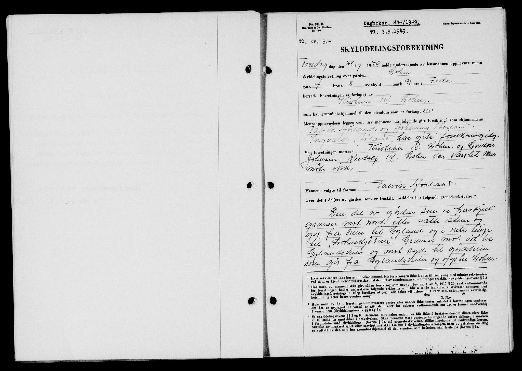 Flekkefjord sorenskriveri, SAK/1221-0001/G/Gb/Gba/L0065: Mortgage book no. A-13, 1949-1949, Diary no: : 844/1949