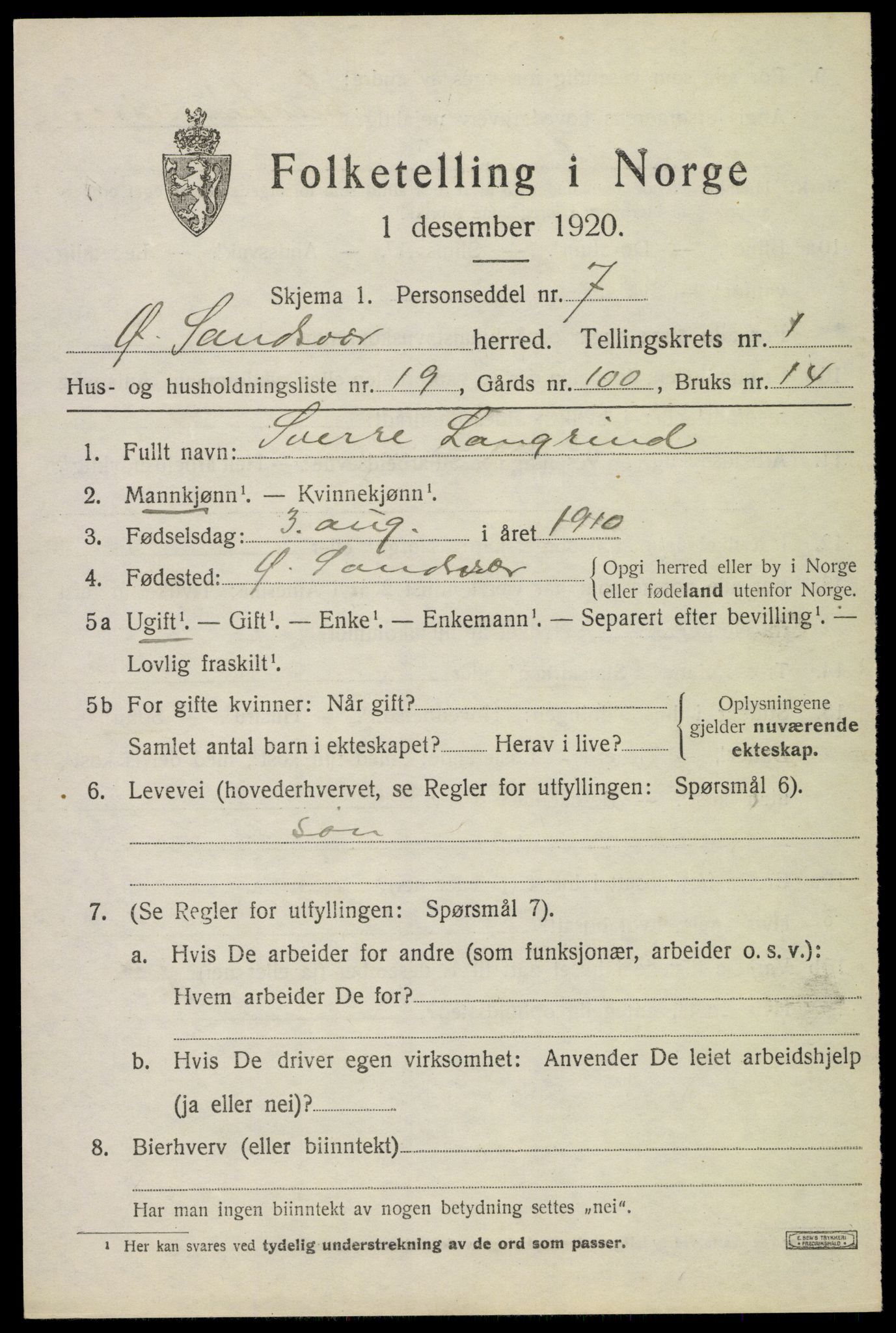 SAKO, 1920 census for Øvre Sandsvær, 1920, p. 1184