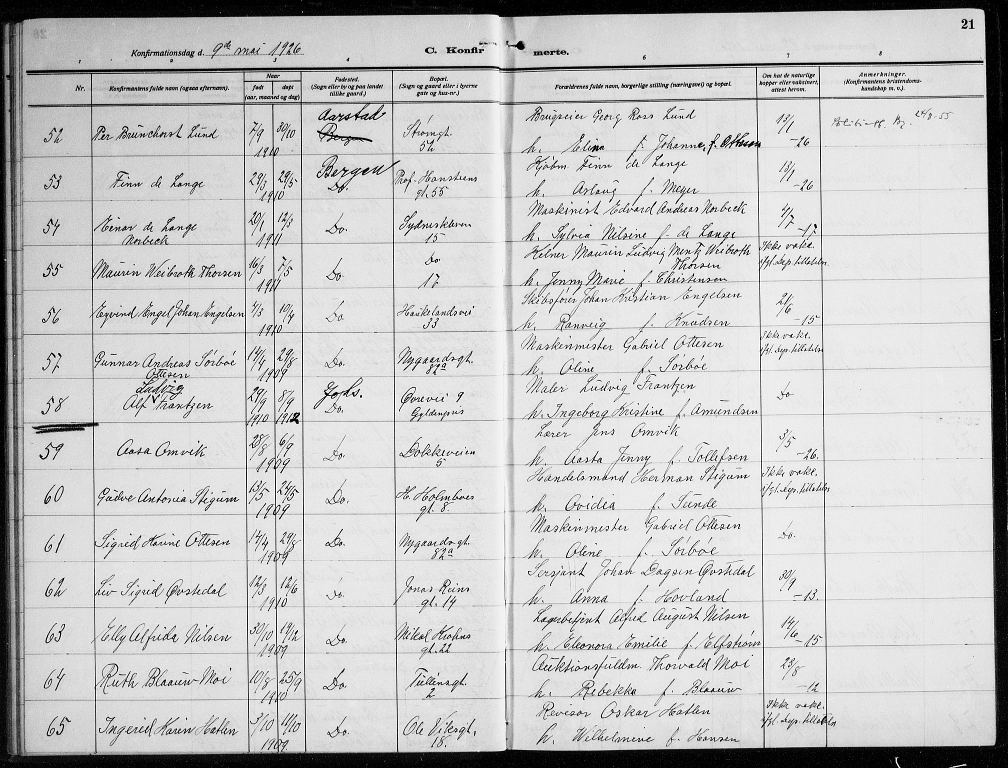 Johanneskirken sokneprestembete, AV/SAB-A-76001/H/Haa/L0010: Parish register (official) no. C 3, 1925-1935, p. 21