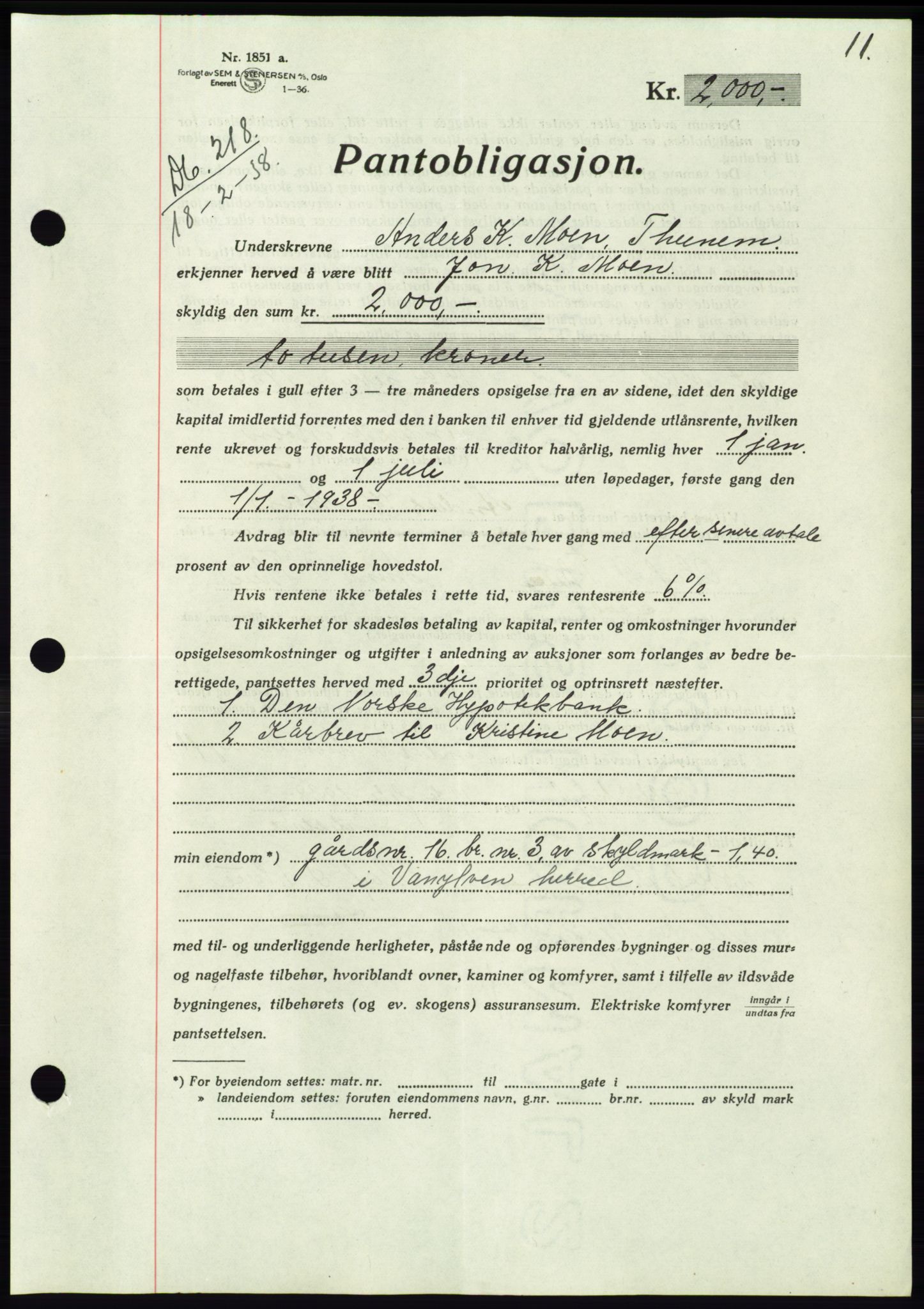 Søre Sunnmøre sorenskriveri, AV/SAT-A-4122/1/2/2C/L0065: Mortgage book no. 59, 1938-1938, Diary no: : 218/1938