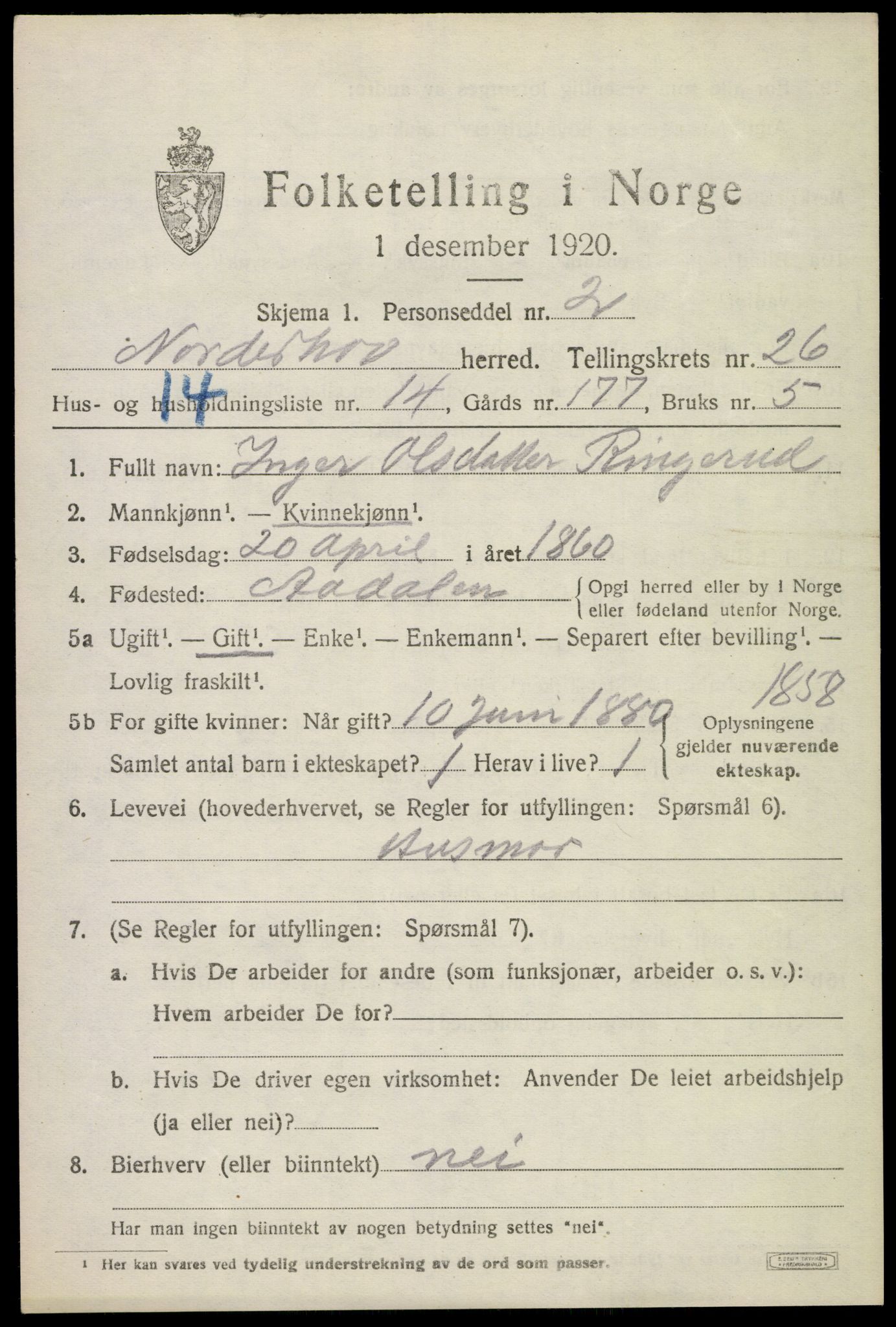 SAKO, 1920 census for Norderhov, 1920, p. 24259