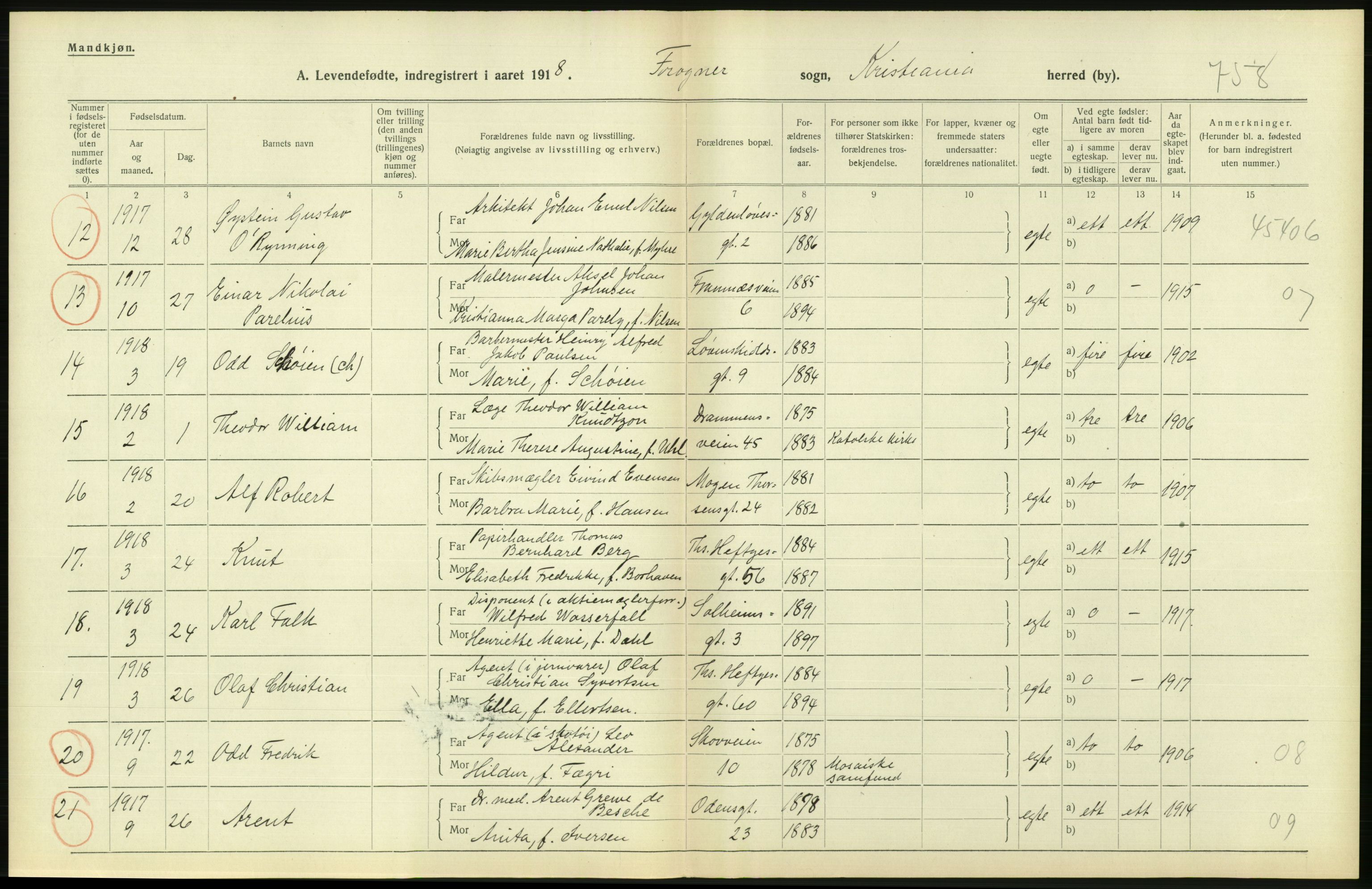 Statistisk sentralbyrå, Sosiodemografiske emner, Befolkning, AV/RA-S-2228/D/Df/Dfb/Dfbh/L0008: Kristiania: Levendefødte menn og kvinner., 1918, p. 684