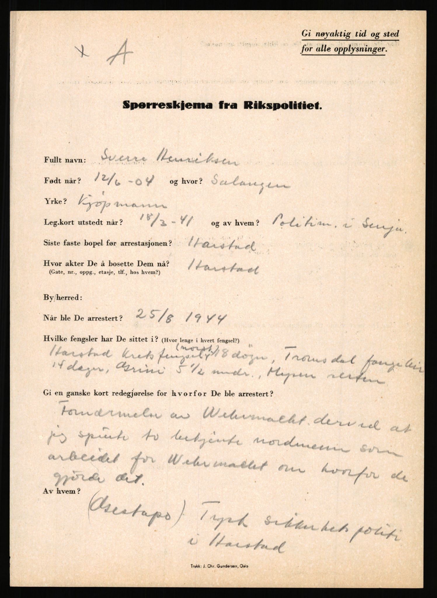 Rikspolitisjefen, AV/RA-S-1560/L/L0007: Heen, Erik C. - Iversen, Trygve, 1940-1945, p. 99