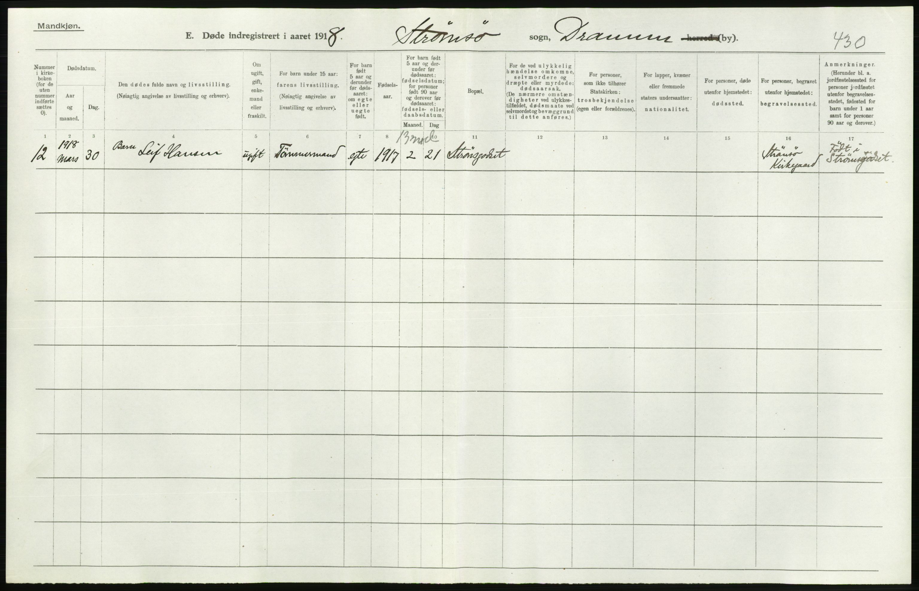 Statistisk sentralbyrå, Sosiodemografiske emner, Befolkning, AV/RA-S-2228/D/Df/Dfb/Dfbh/L0020: Buskerud fylke: Døde. Bygder og byer., 1918, p. 444