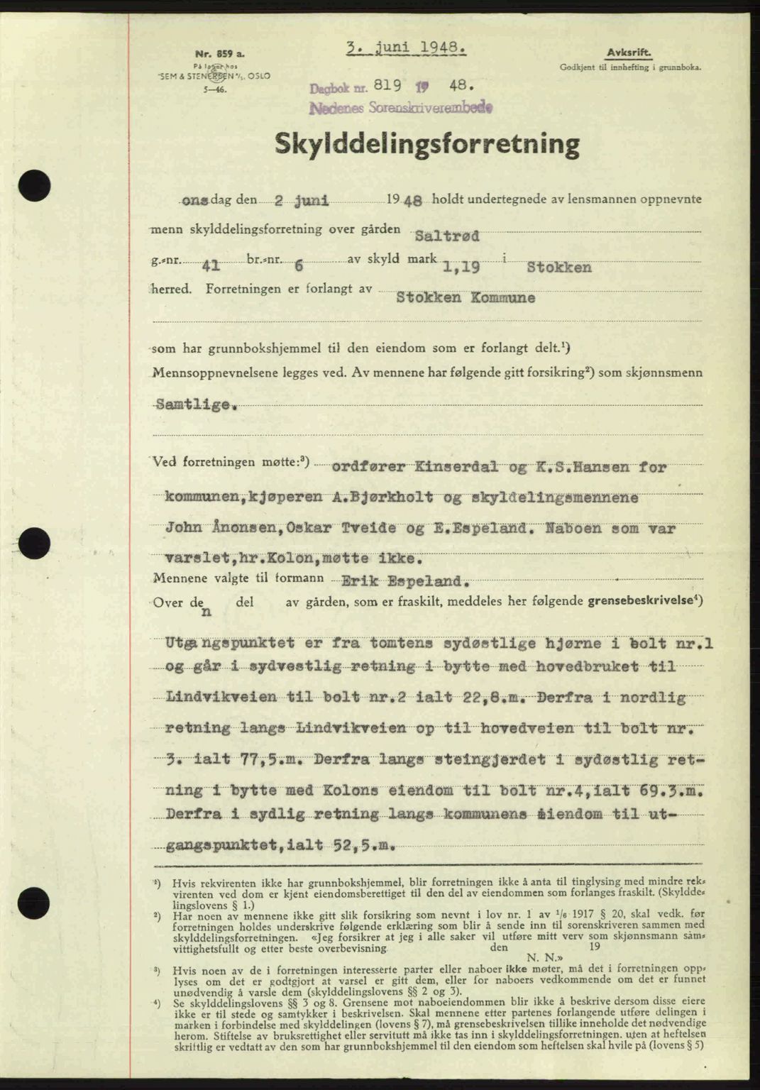 Nedenes sorenskriveri, SAK/1221-0006/G/Gb/Gba/L0059: Mortgage book no. A11, 1948-1948, Diary no: : 819/1948