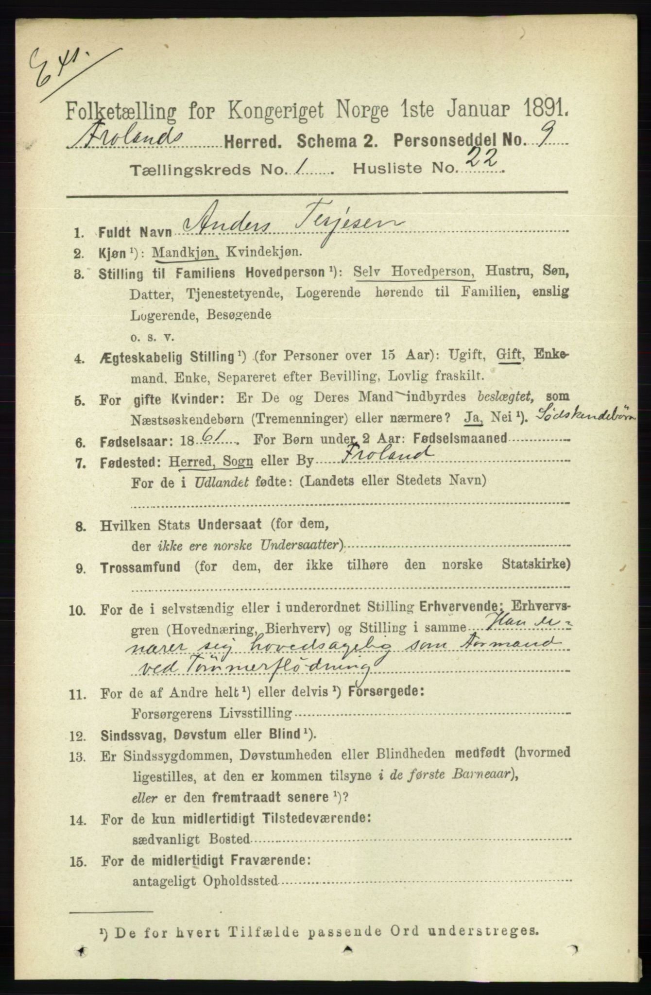 RA, Census 1891 for Nedenes amt: Gjenparter av personsedler for beslektede ektefeller, menn, 1891, p. 429