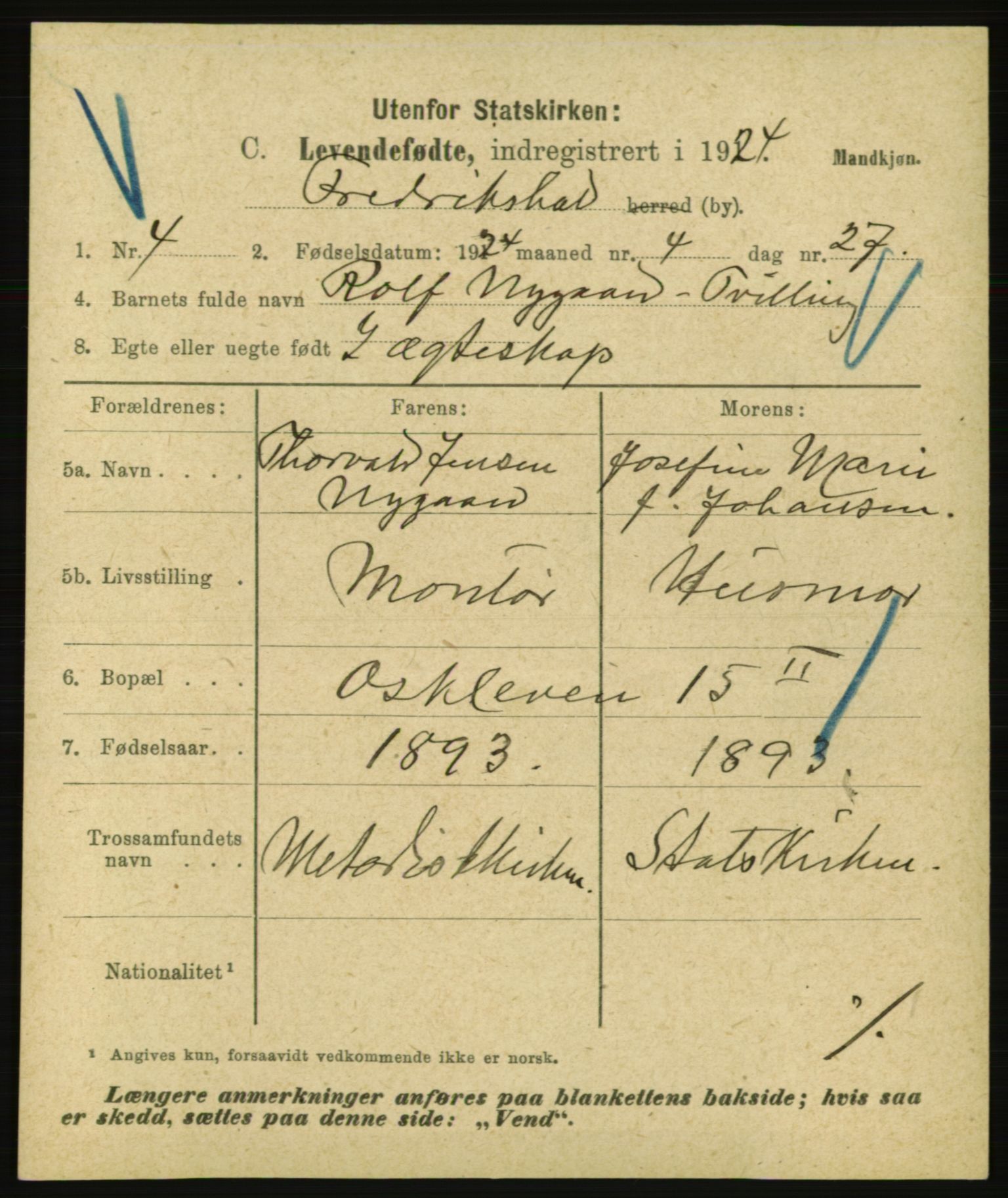 Statistisk sentralbyrå, Sosiodemografiske emner, Befolkning, AV/RA-S-2228/E/L0022: Fødte, gifte, døde dissentere., 1924, p. 5