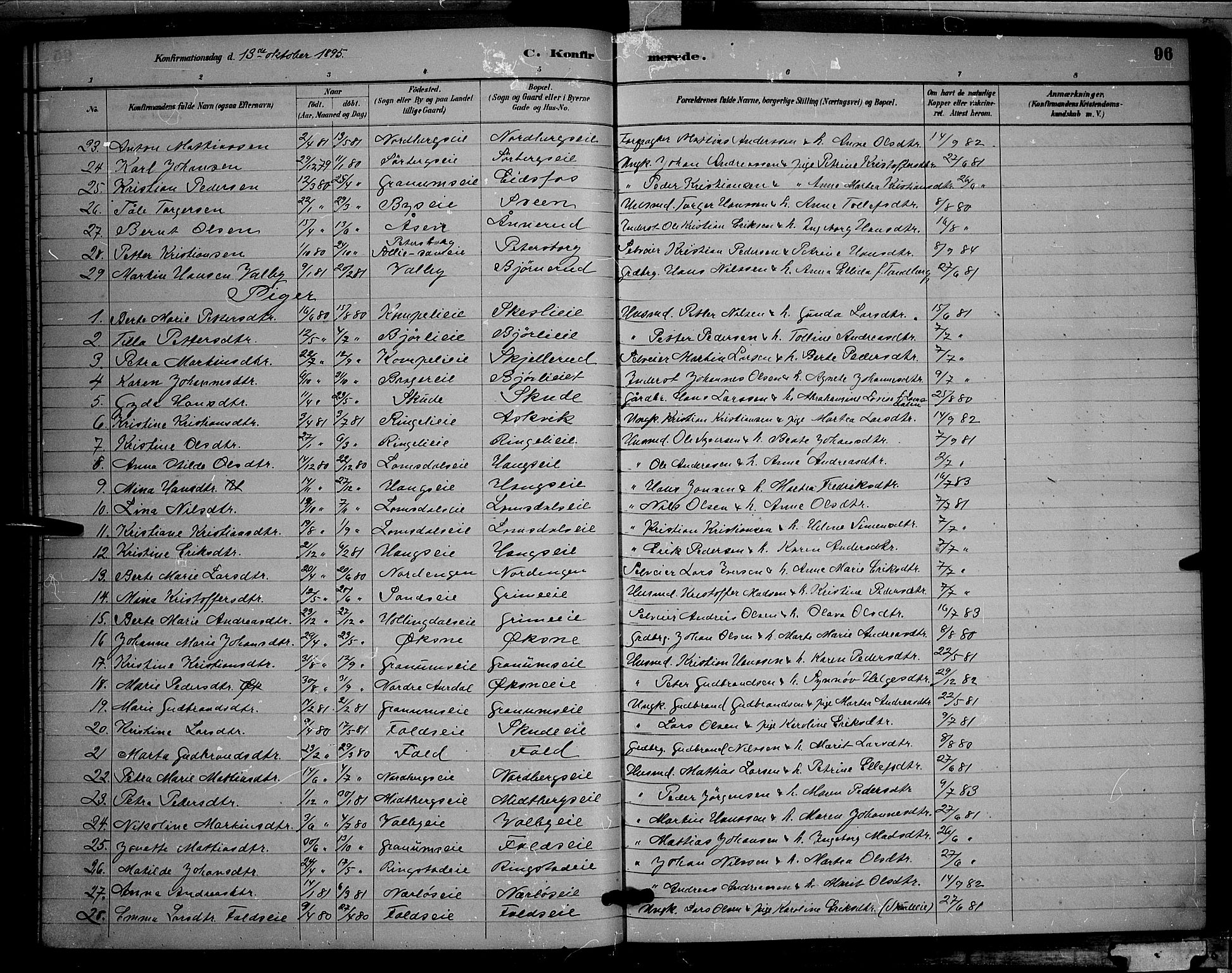 Søndre Land prestekontor, SAH/PREST-122/L/L0002: Parish register (copy) no. 2, 1884-1900, p. 96