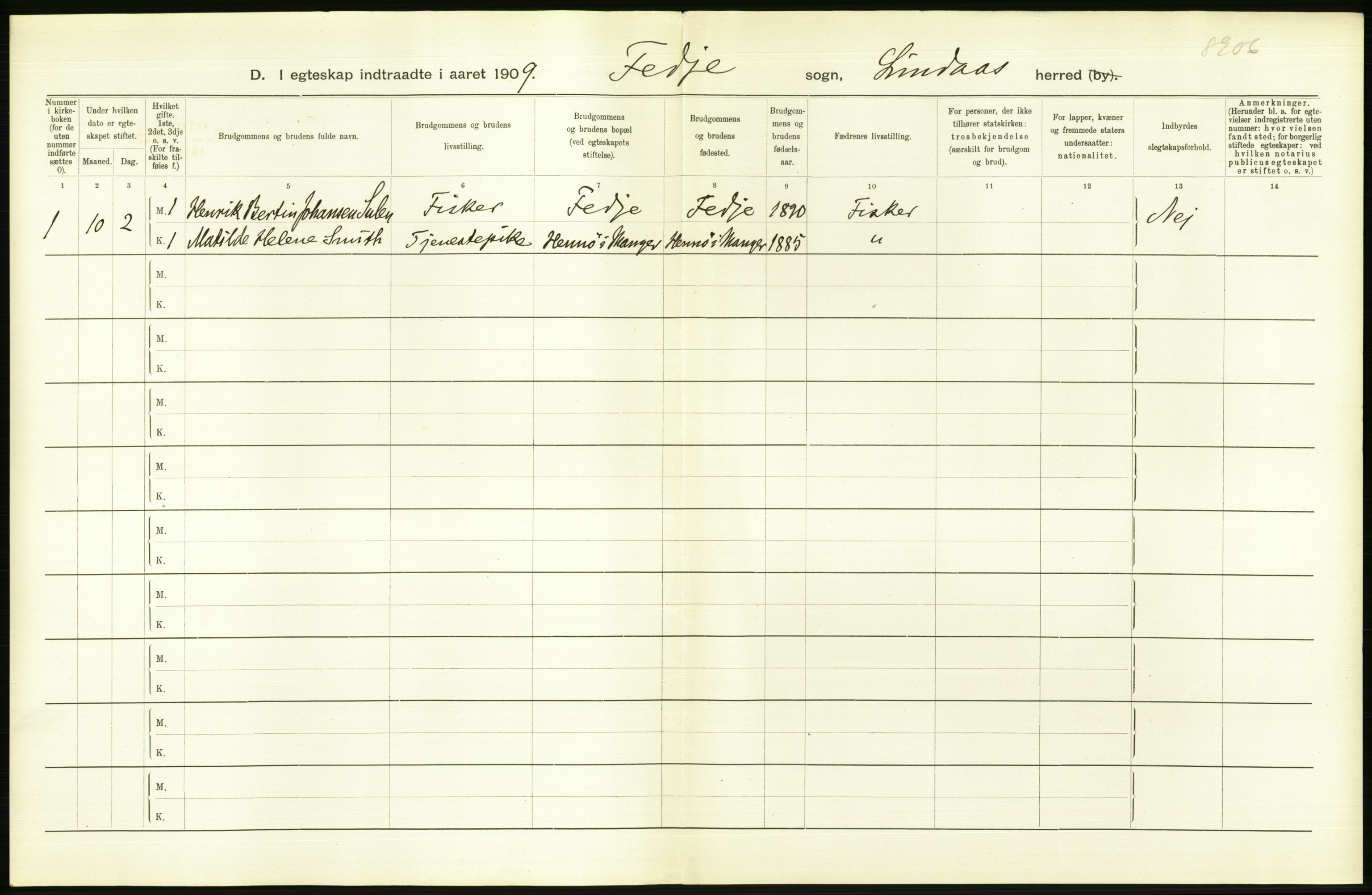 Statistisk sentralbyrå, Sosiodemografiske emner, Befolkning, AV/RA-S-2228/D/Df/Dfa/Dfag/L0030: S. Bergenhus amt: Gifte, dødfødte. Bygder., 1909, p. 4